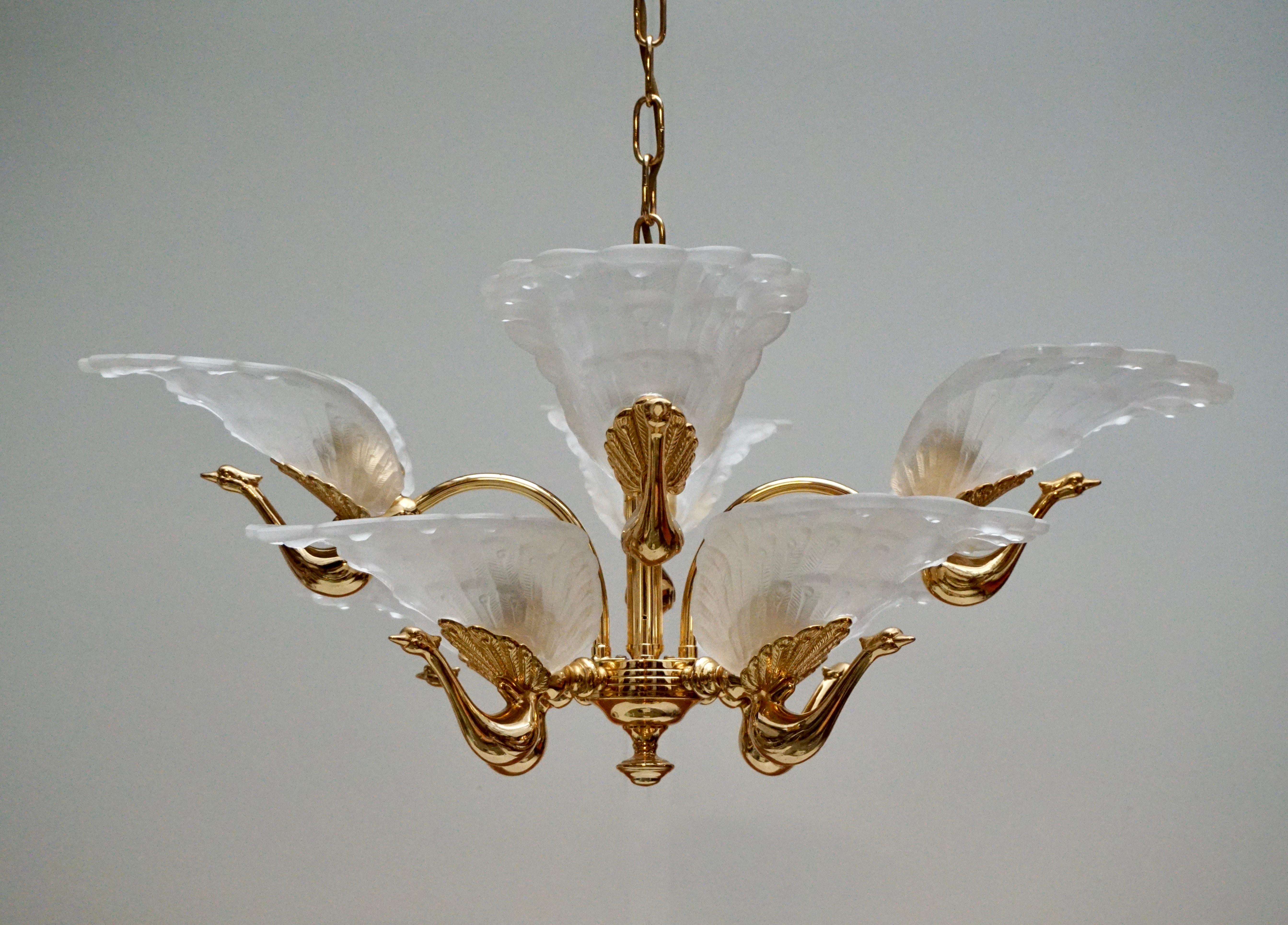 Rare Midcentury Chandelier / Pendant with Golden Bronze Glass Peacock Sculptures 1