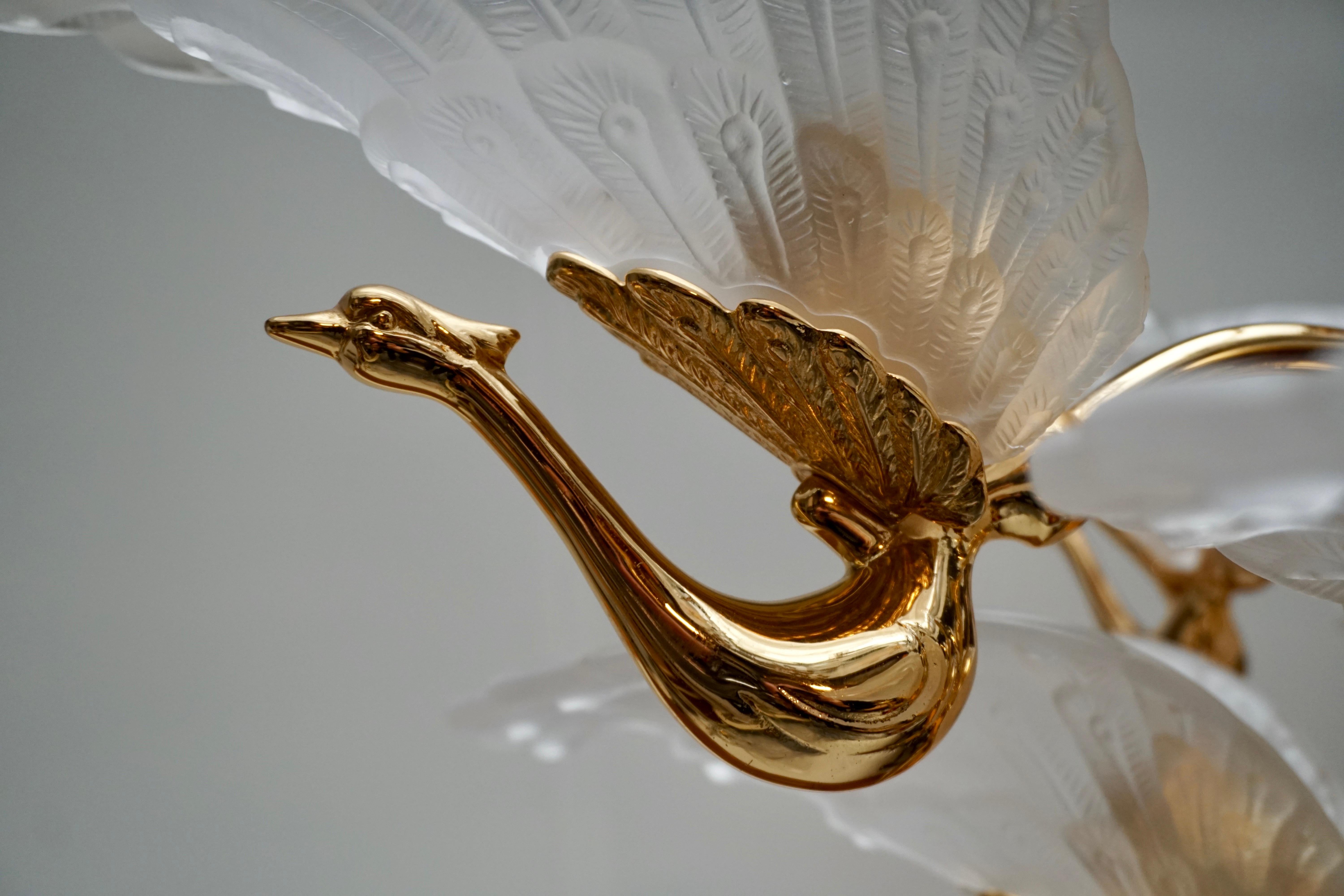 Rare Midcentury Chandelier / Pendant with Golden Bronze Glass Peacock Sculptures 3