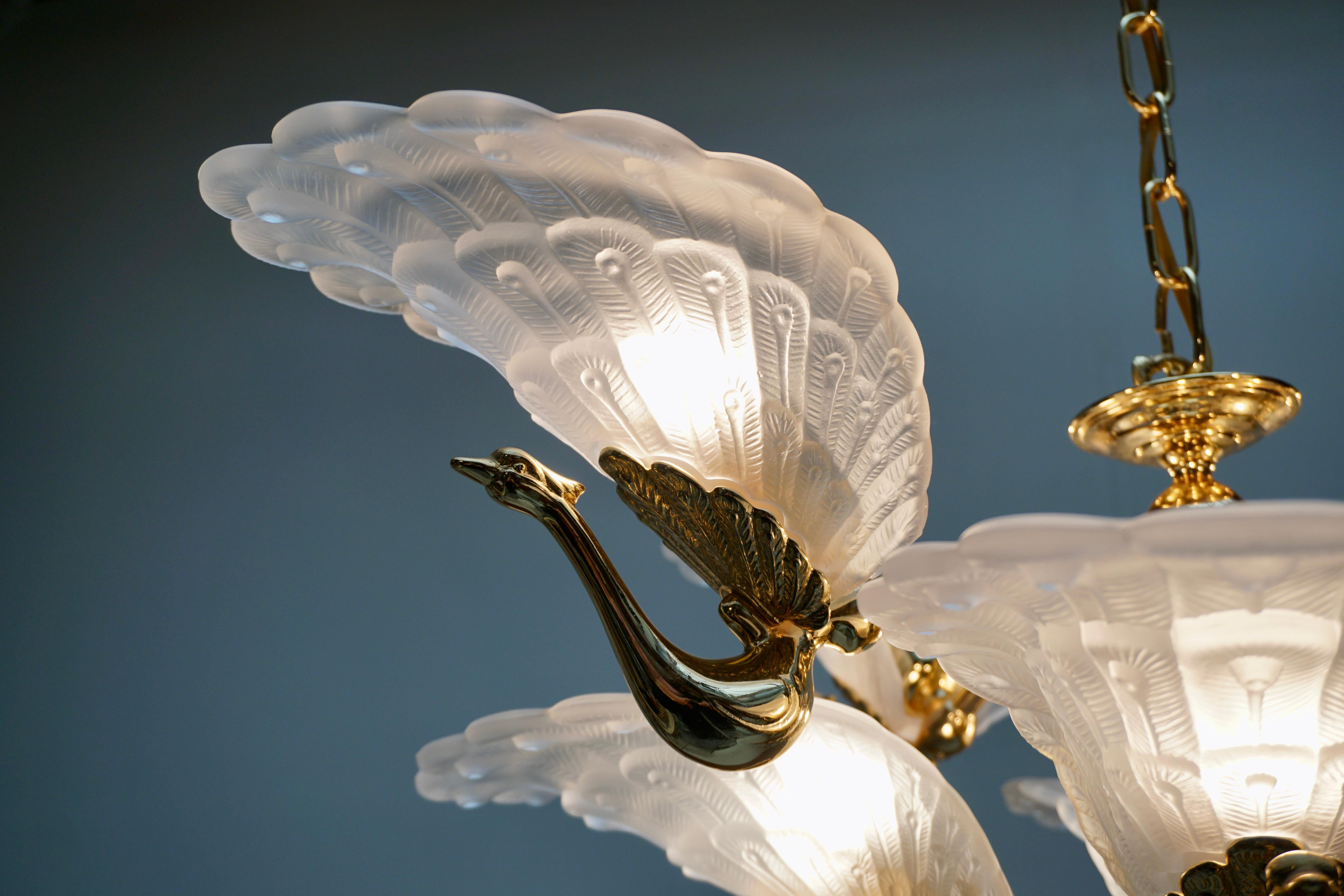 Rare Midcentury Chandelier / Pendant with Golden Bronze Glass Peacock Sculptures 7