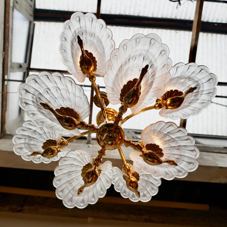 Rare Midcentury Chandelier / Pendant with Golden Bronze Glass Peacock