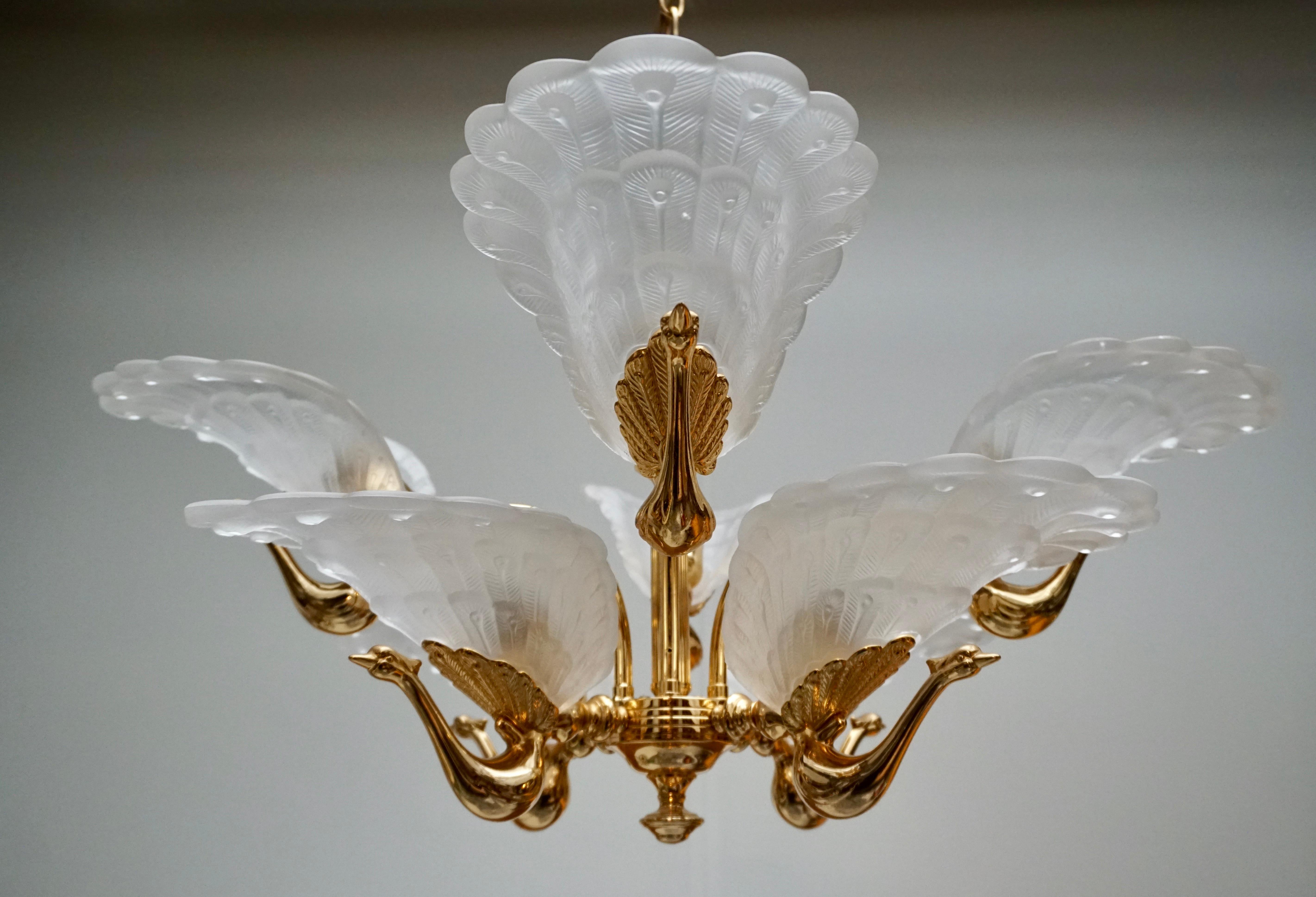 Frosted Rare Midcentury Chandelier / Pendant with Golden Bronze Glass Peacock Sculptures