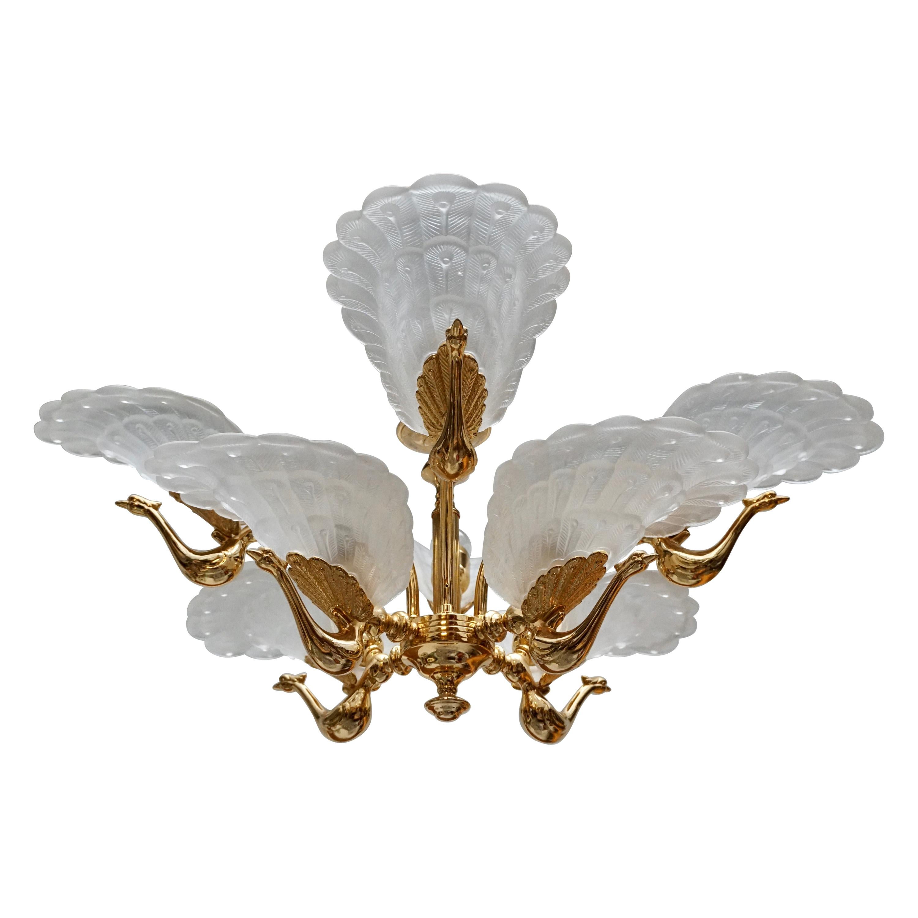 Rare Midcentury Chandelier / Pendant with Golden Bronze Glass Peacock Sculptures
