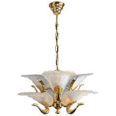 Rare Midcentury Chandelier / Pendant w. Golden Bronze & Glass Peacock Sculptures