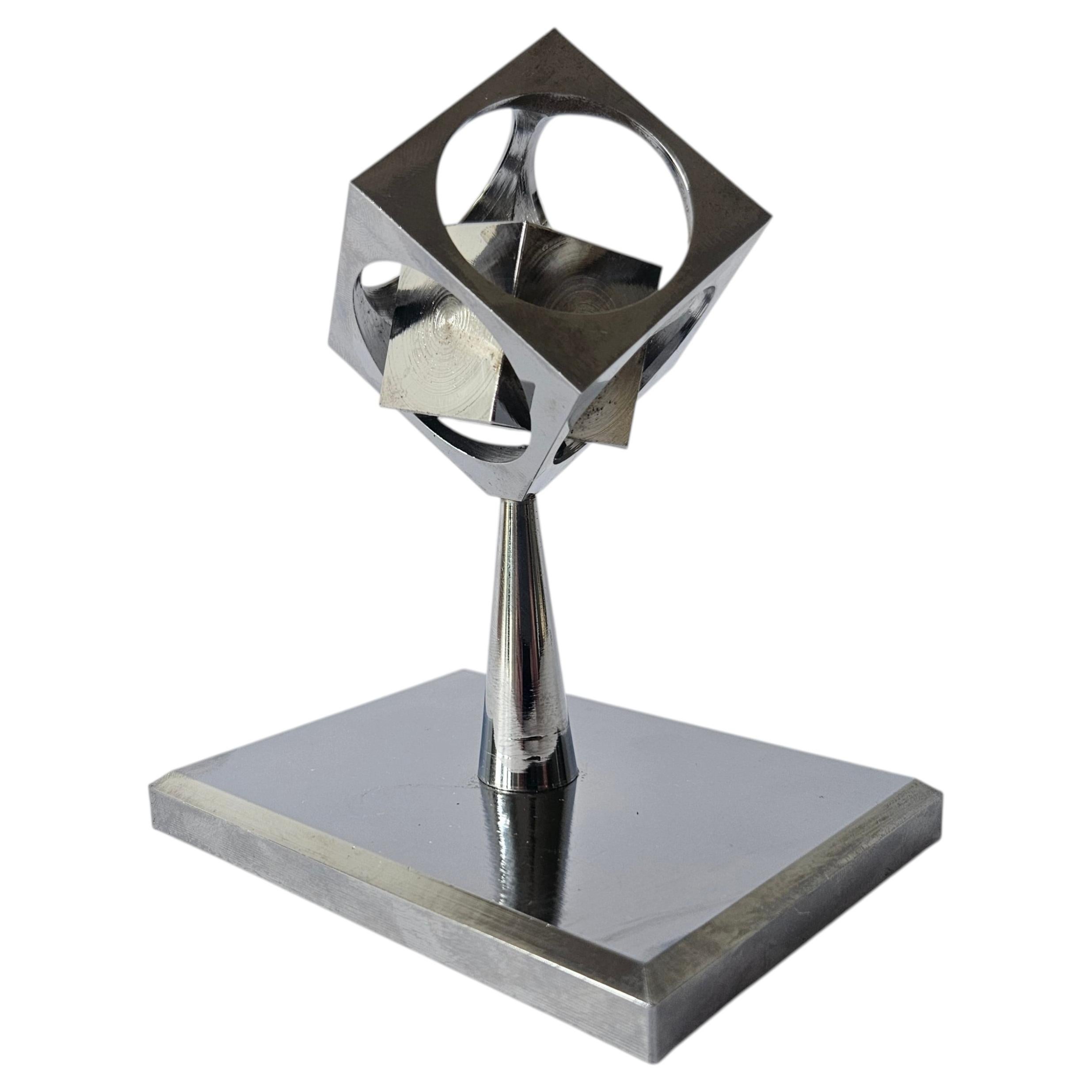 Rare Midcentury Chrome Paperweight, Model, Turners Cube, Desk Sculpture, 1970s
