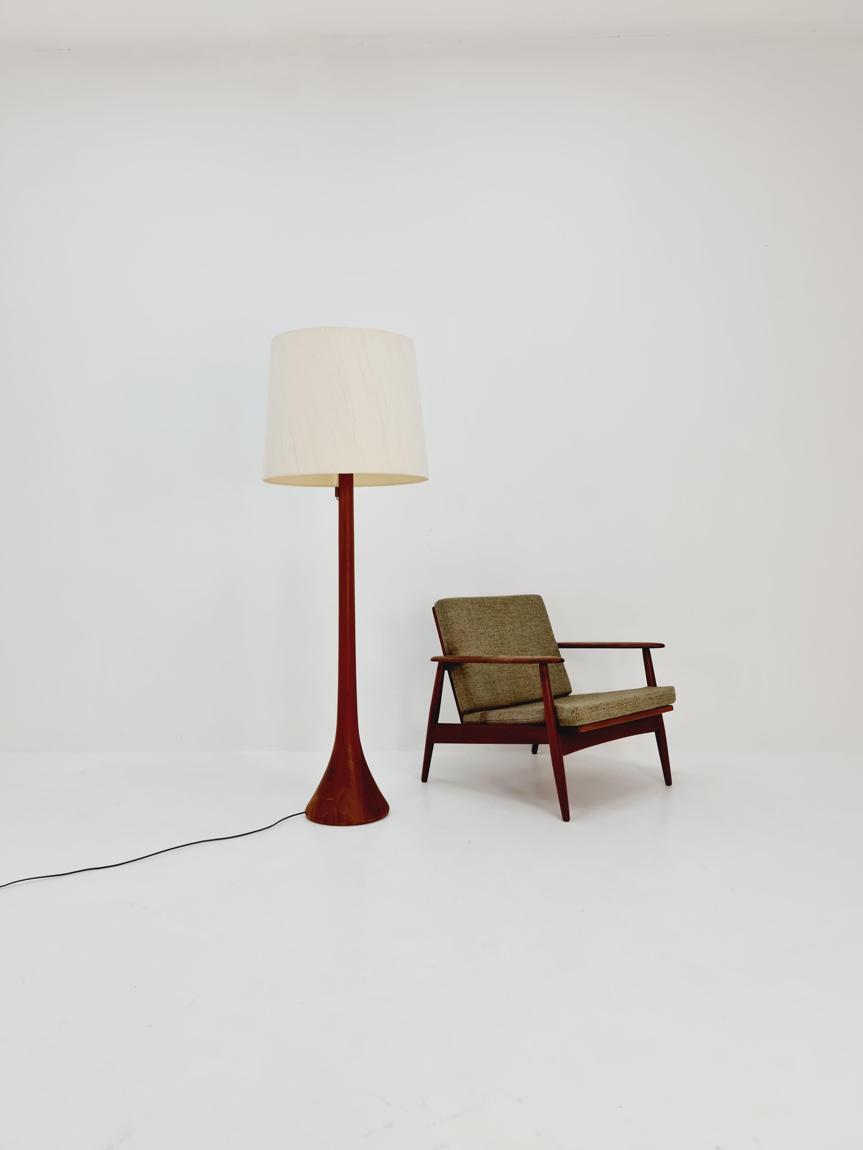 Rare Midcentury Danish floor lamp solid teak By Krik , 1960s 

Condition: superb condition. The shade is in perfect condition. 

MAX 100 W

Design year: 1960s 

Dimensions: : 

Lamp: 30 D x 30 B x 190 H cm inclusive lampshade
Lampshade: 56  W x 56 