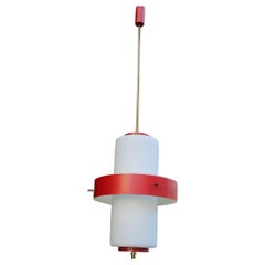 Raro lampadario di metà secolo Esperia Angelo Brotto in ottone rosso bianco di Murano