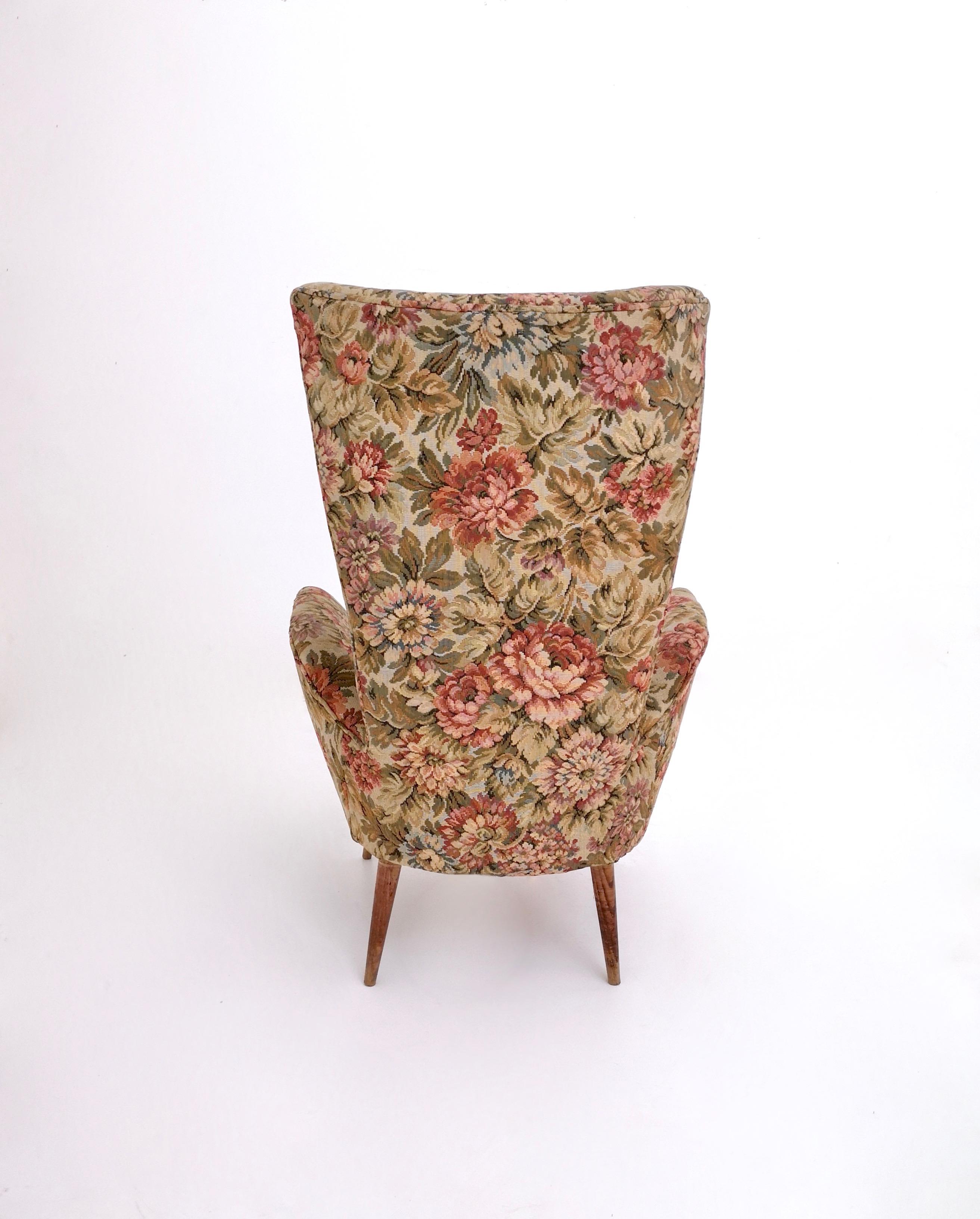 Mid-Century Modern Rare Vintage Floral Fabric Children Armchair with Wooden Legs, Italy For Sale