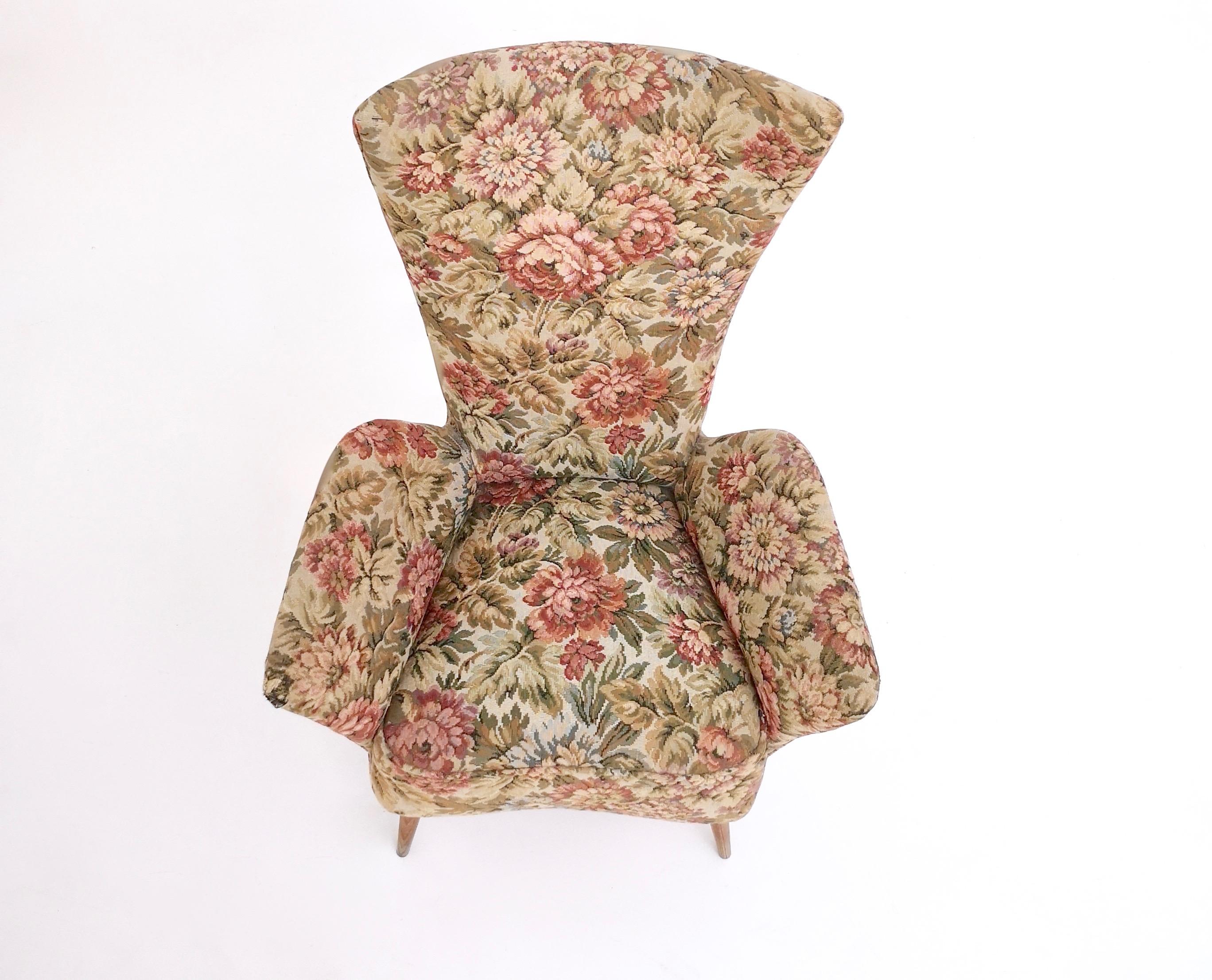 Italian Rare Vintage Floral Fabric Children Armchair with Wooden Legs, Italy For Sale