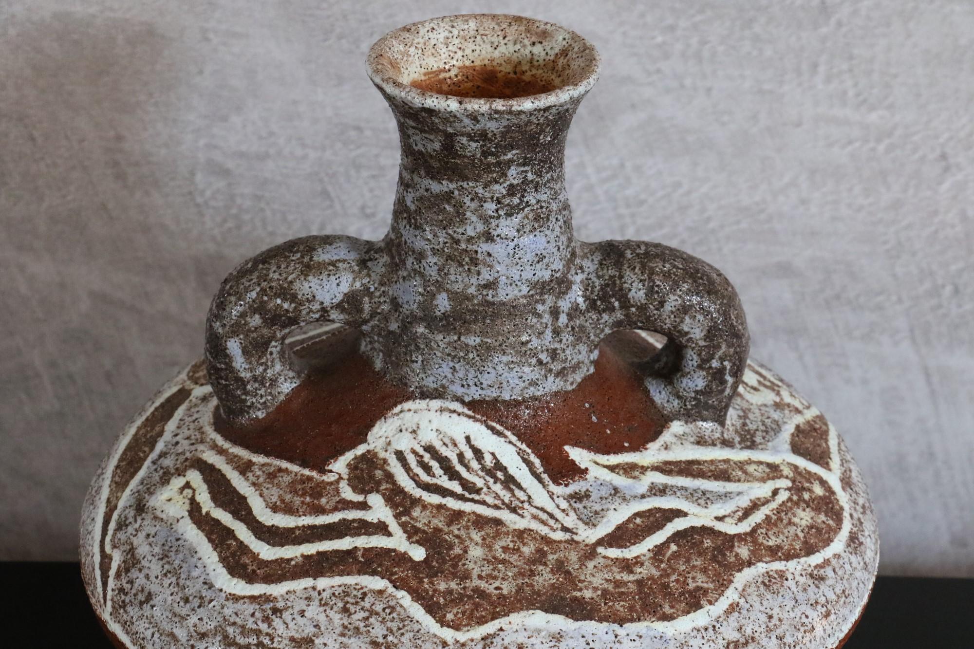 Enameled Mid-Century Modern Earthenware Vase Signed Accolay Studio Pottery, 1960, France