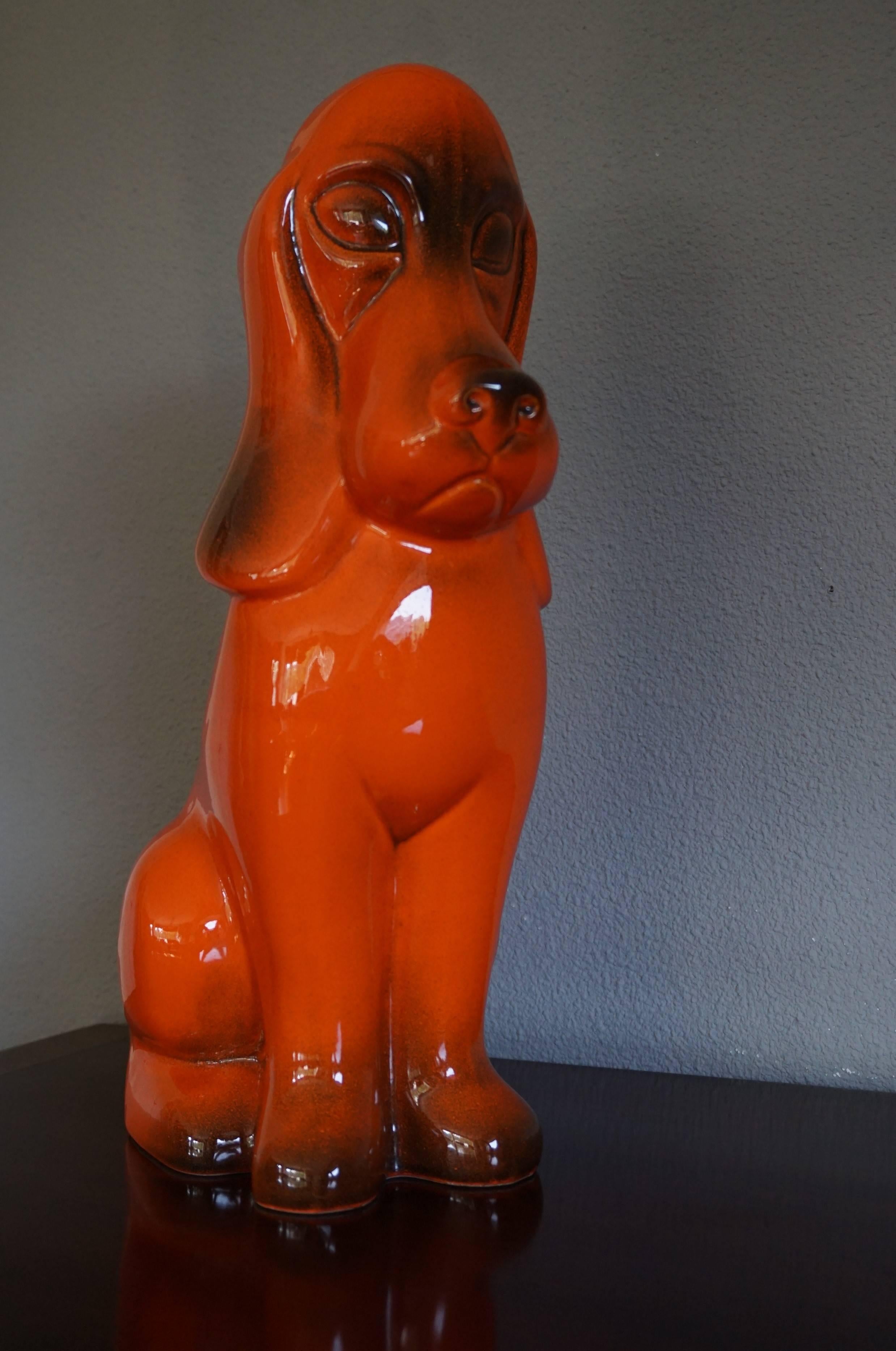 Ceramic Rare Midcentury Glazed and Marked, Stylized Basset Hound / Droopy Dog Sculpture