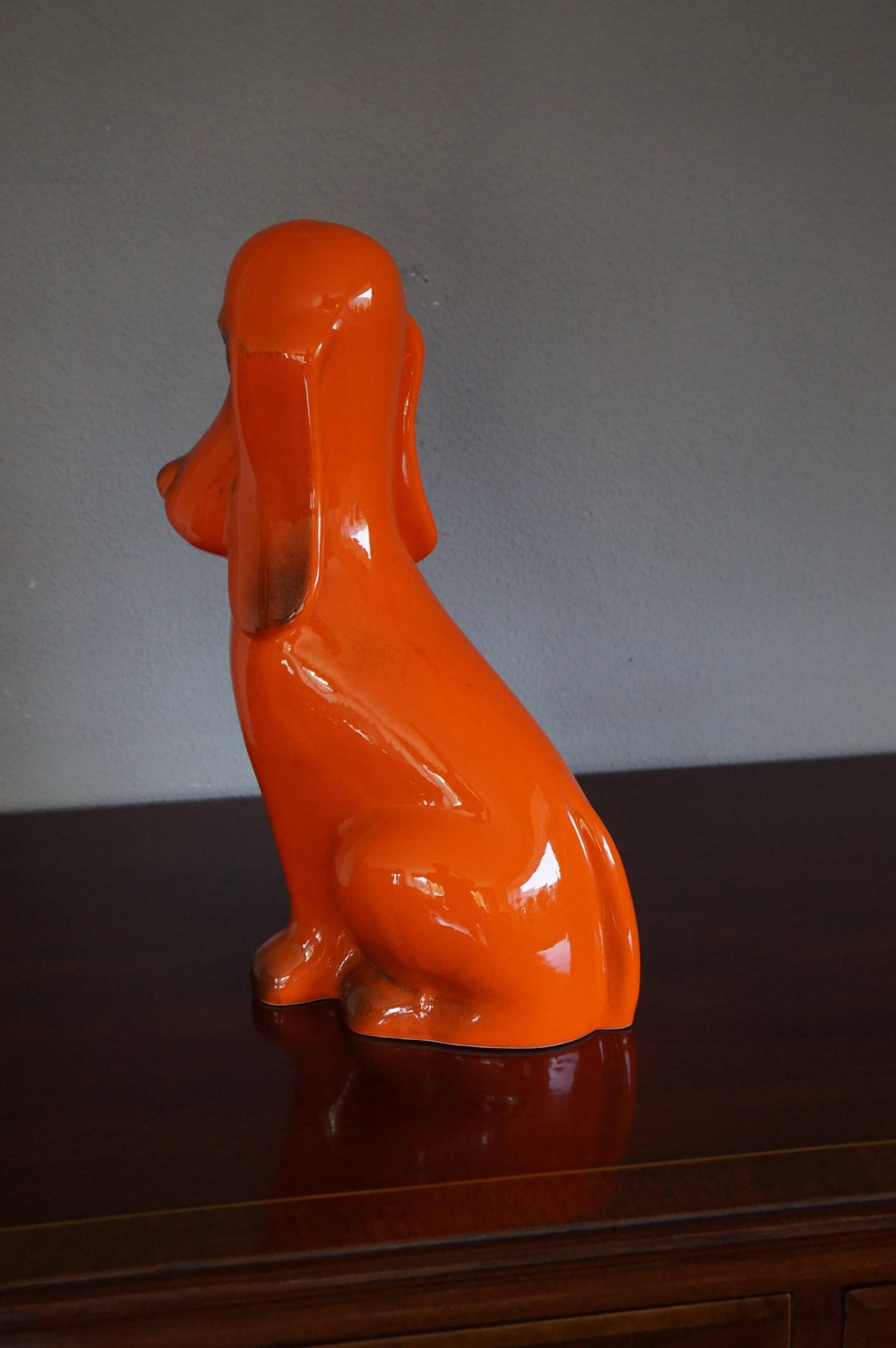 European Rare Midcentury Glazed and Marked, Stylized Basset Hound / Droopy Dog Sculpture
