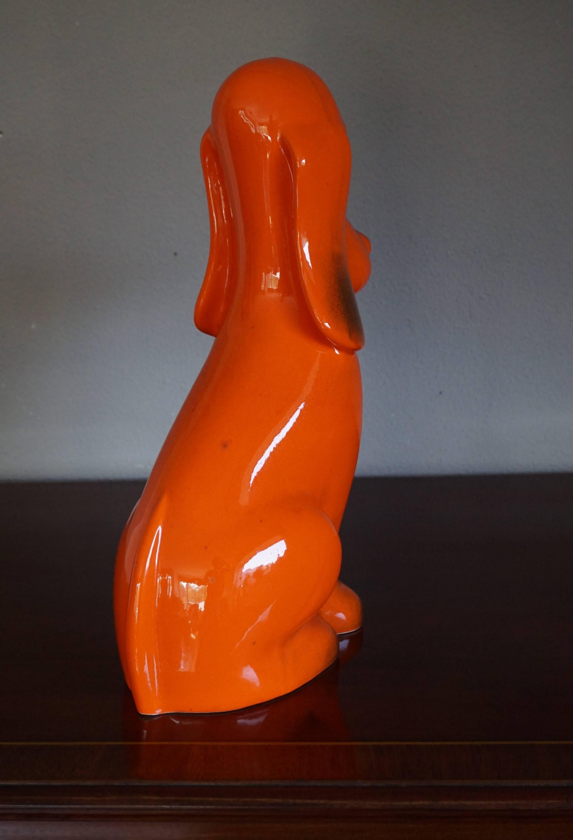 Rare Midcentury Glazed and Marked, Stylized Basset Hound / Droopy Dog Sculpture In Excellent Condition In Lisse, NL