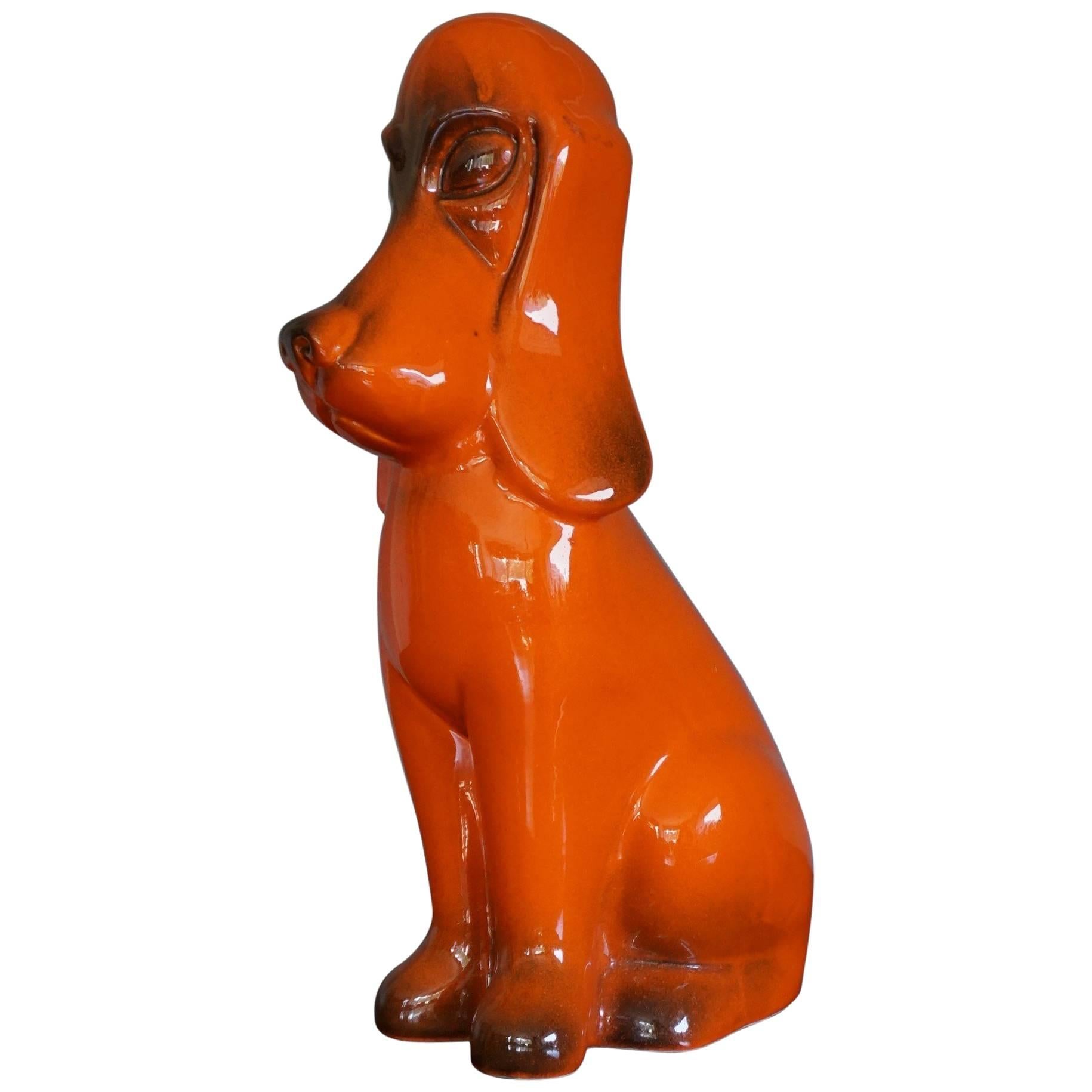 Rare Midcentury Glazed and Marked, Stylized Basset Hound / Droopy Dog Sculpture
