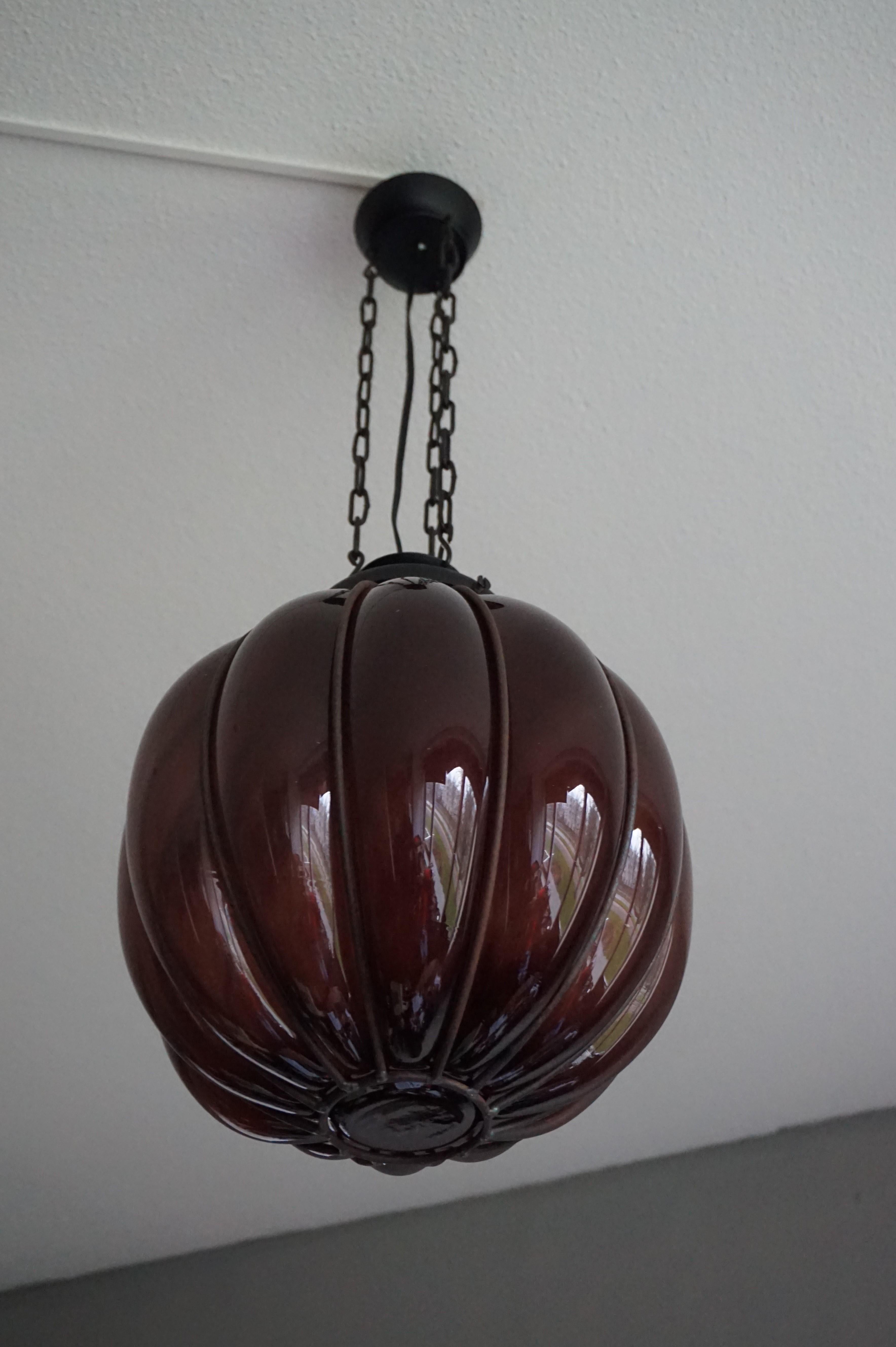 Rare Midcentury Handcrafted Wrought Iron and Mouthblown Glass Venetian Pendant 8