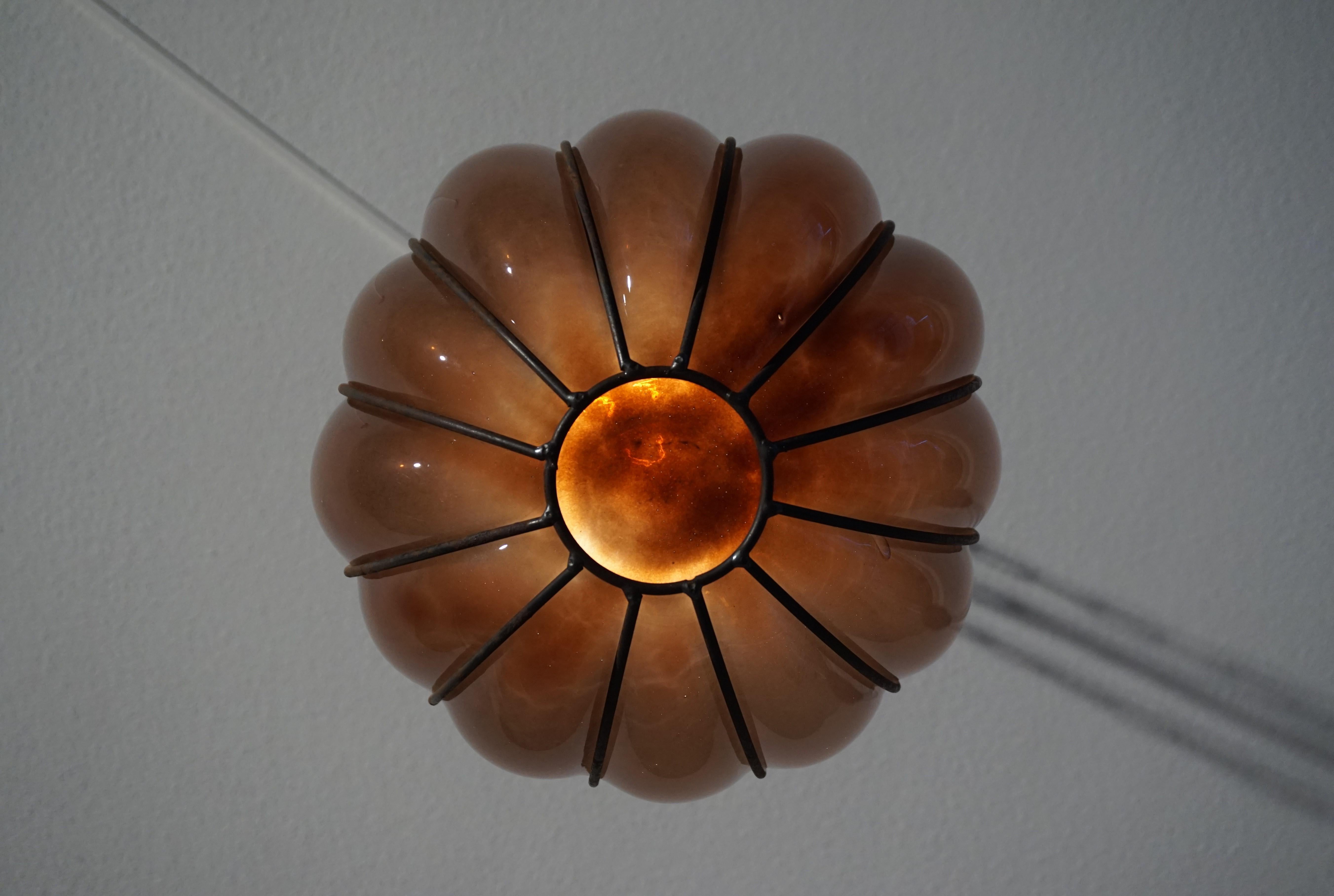 Rare Midcentury Handcrafted Wrought Iron and Mouthblown Glass Venetian Pendant In Good Condition In Lisse, NL