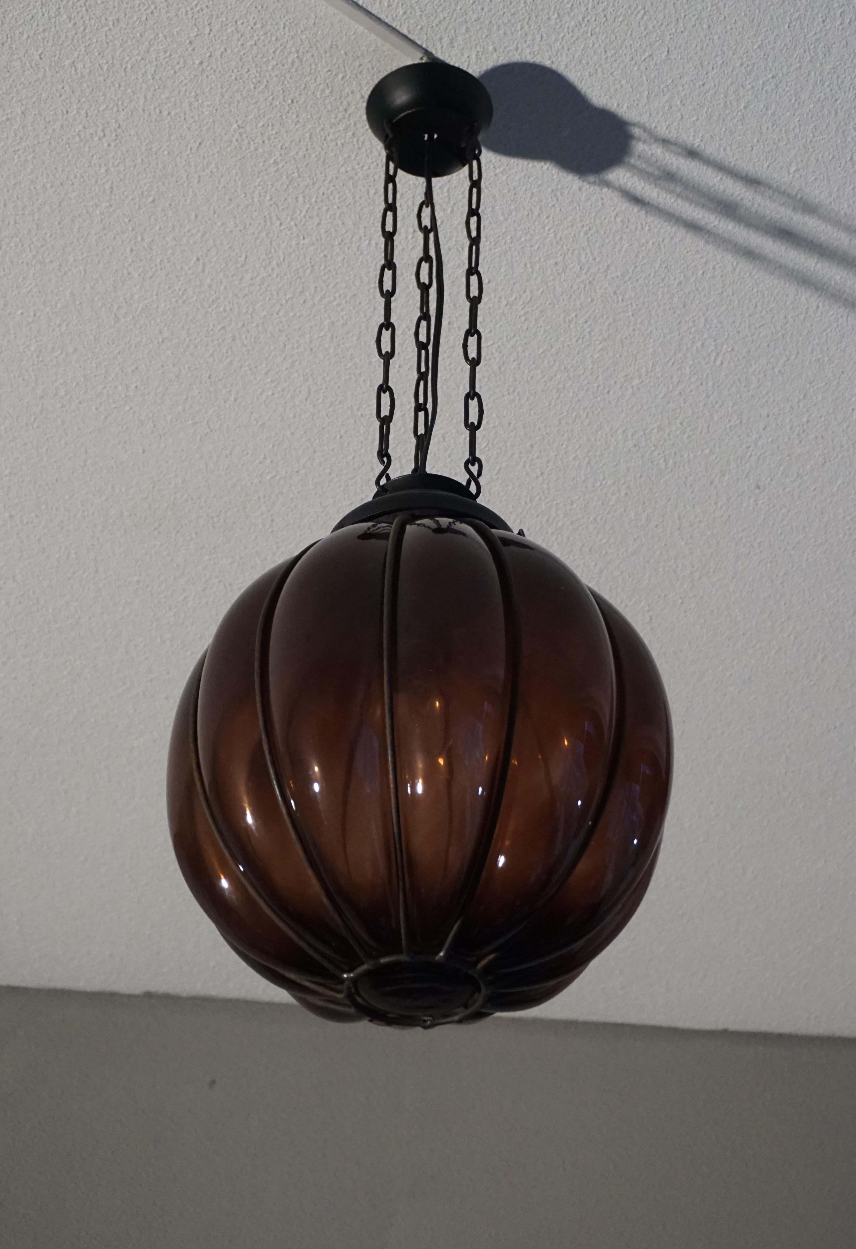 20th Century Rare Midcentury Handcrafted Wrought Iron and Mouthblown Glass Venetian Pendant