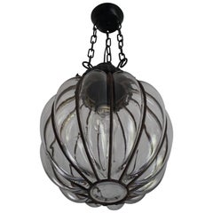 Rare Midcentury Handcrafted Wrought Iron and Mouthblown Glass Venetian Pendant