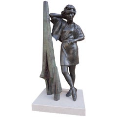 Rare Midcentury High Fashion Model Leaning Against a Bronze Tree Sculpture