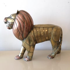 Rare Midcentury Large Brass & Copper Lion Sculpture by Sergio Bustamante, Mexico
