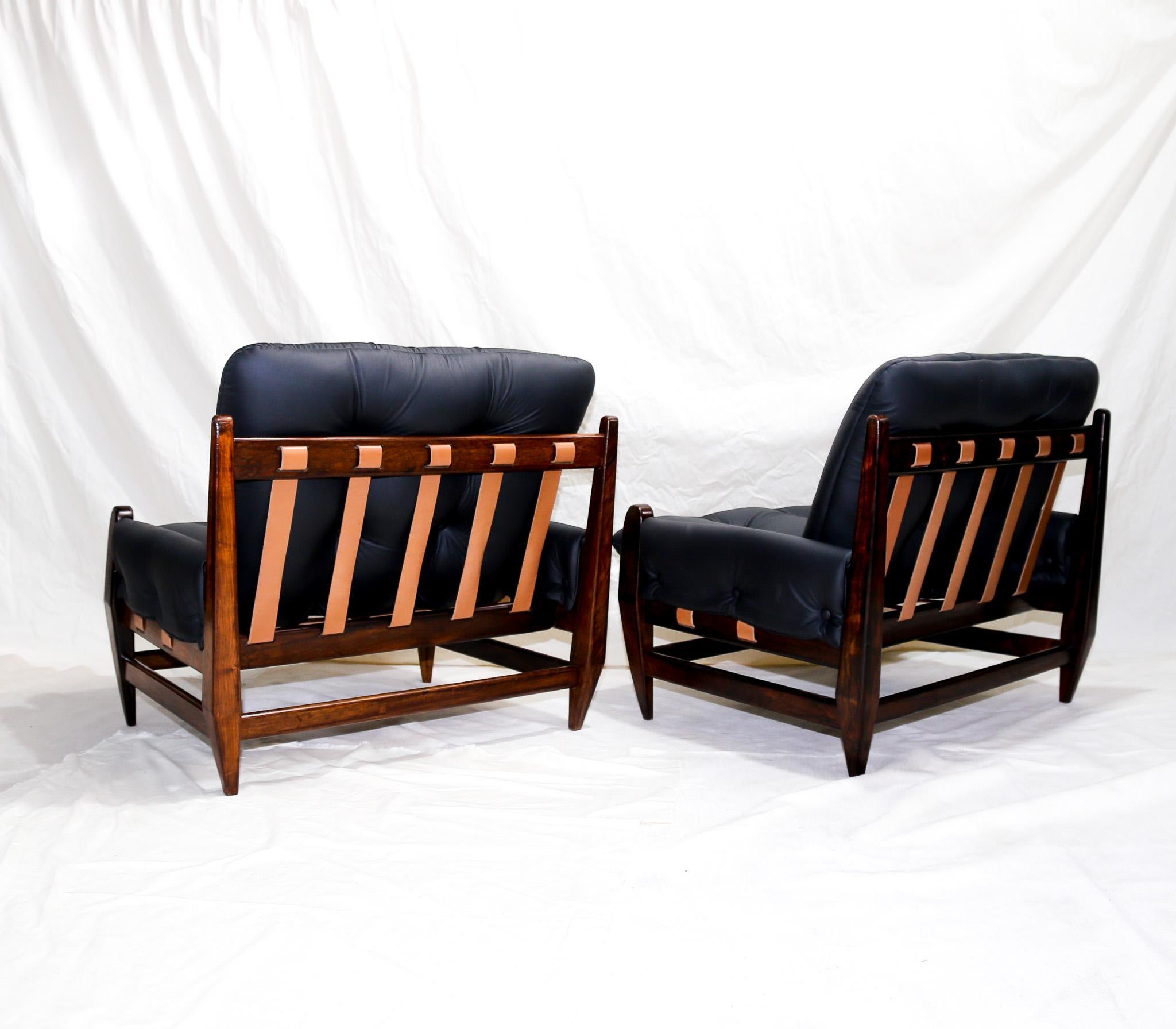 Brazilian Modern Armchairs in Hardwood & Black Leather, Jean Gillon, 1960 For Sale 6