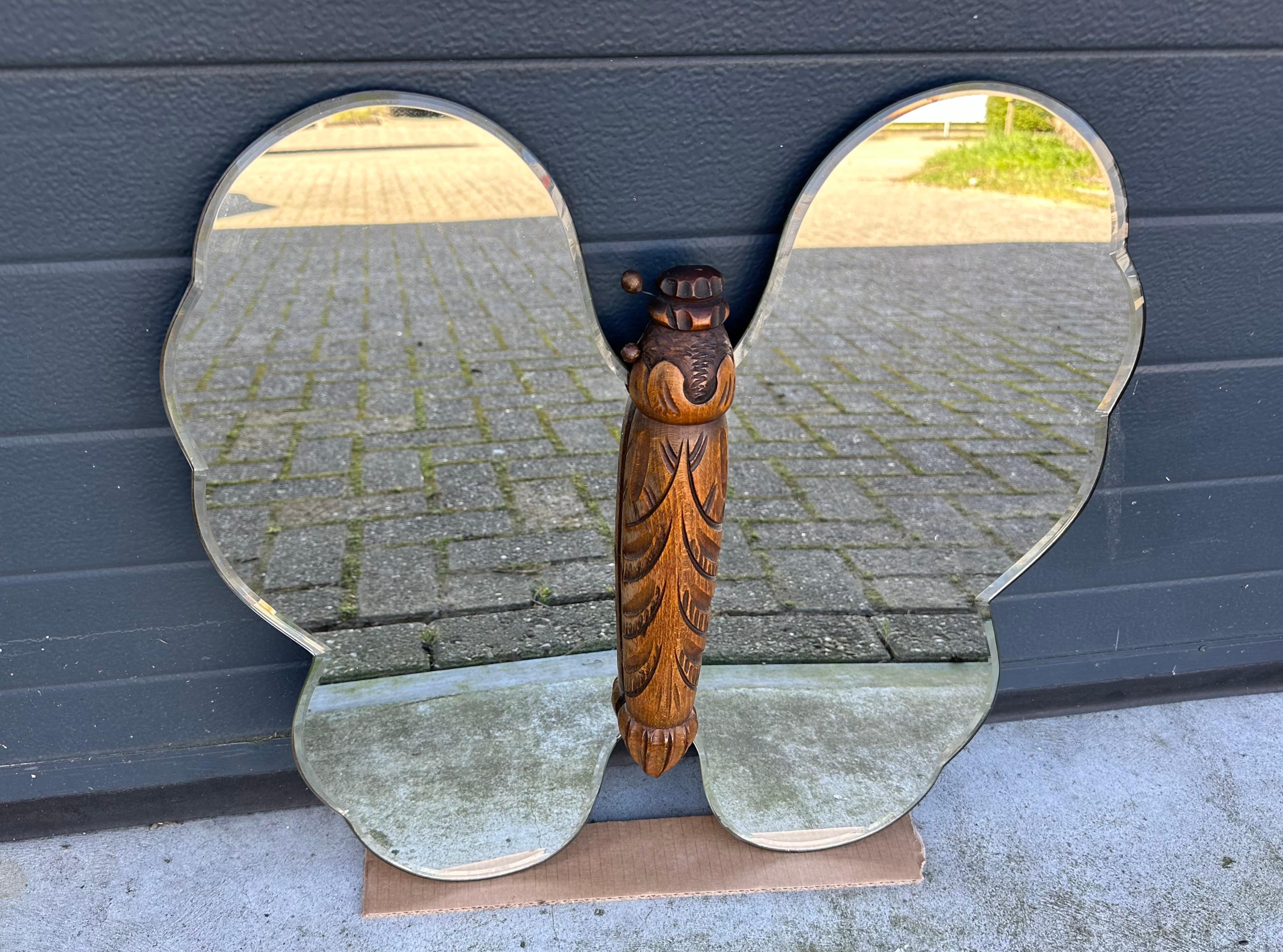 Rare Midcentury Made, Butterfly Design Beech Wood and Beveled Glass Wall Mirror For Sale 6