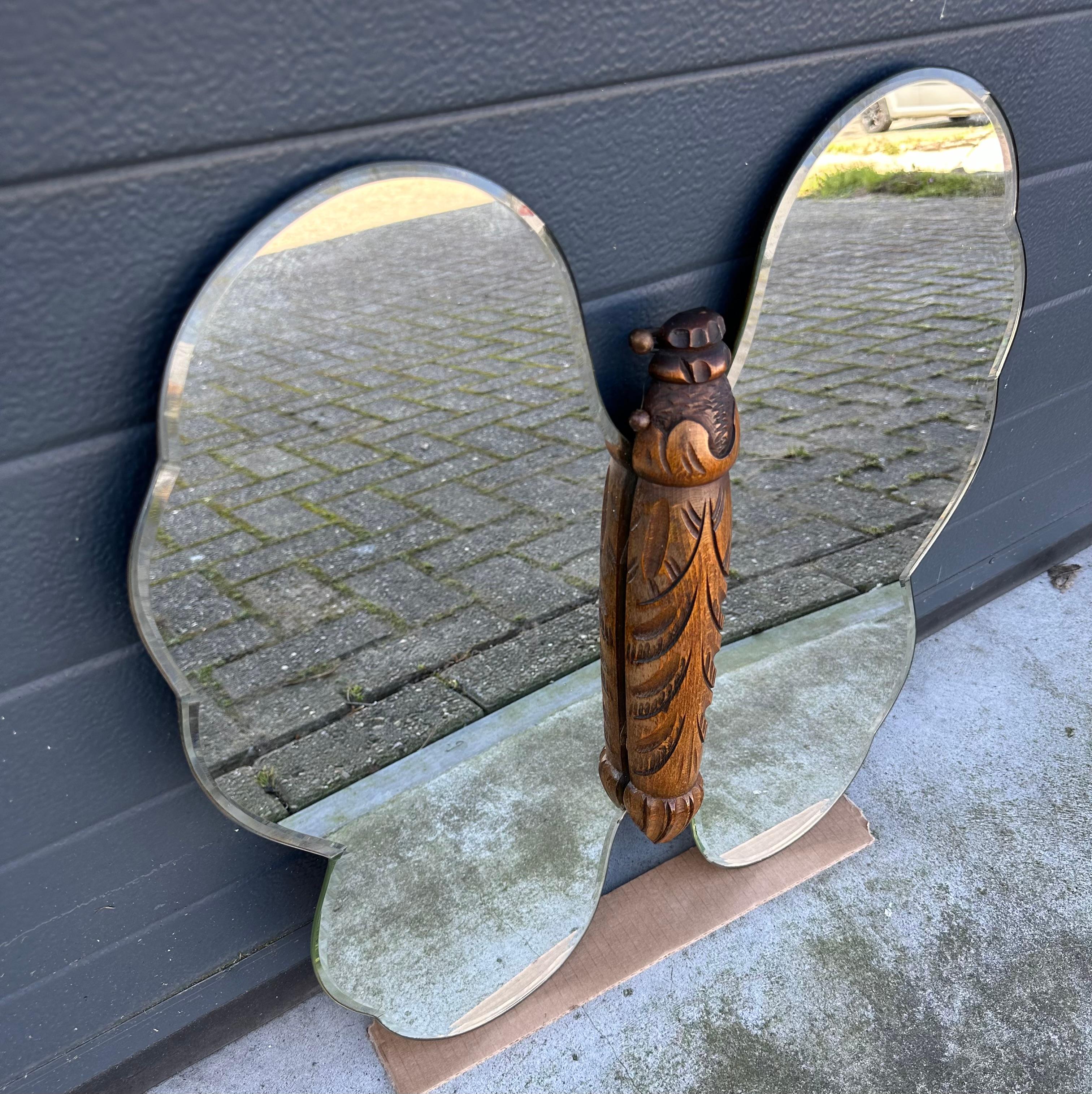 Rare Midcentury Made, Butterfly Design Beech Wood and Beveled Glass Wall Mirror For Sale 7