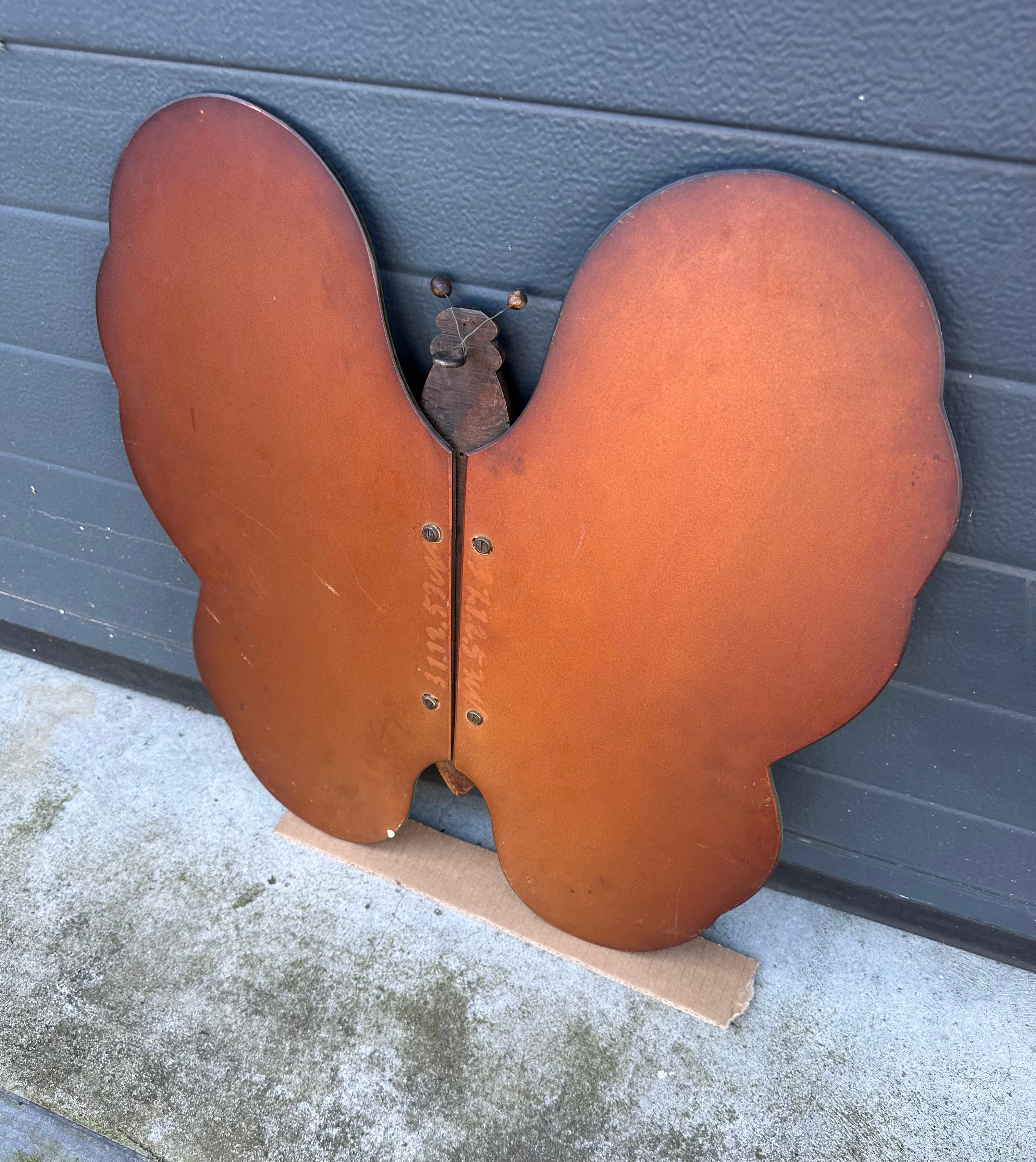 Rare Midcentury Made, Butterfly Design Beech Wood and Beveled Glass Wall Mirror For Sale 8