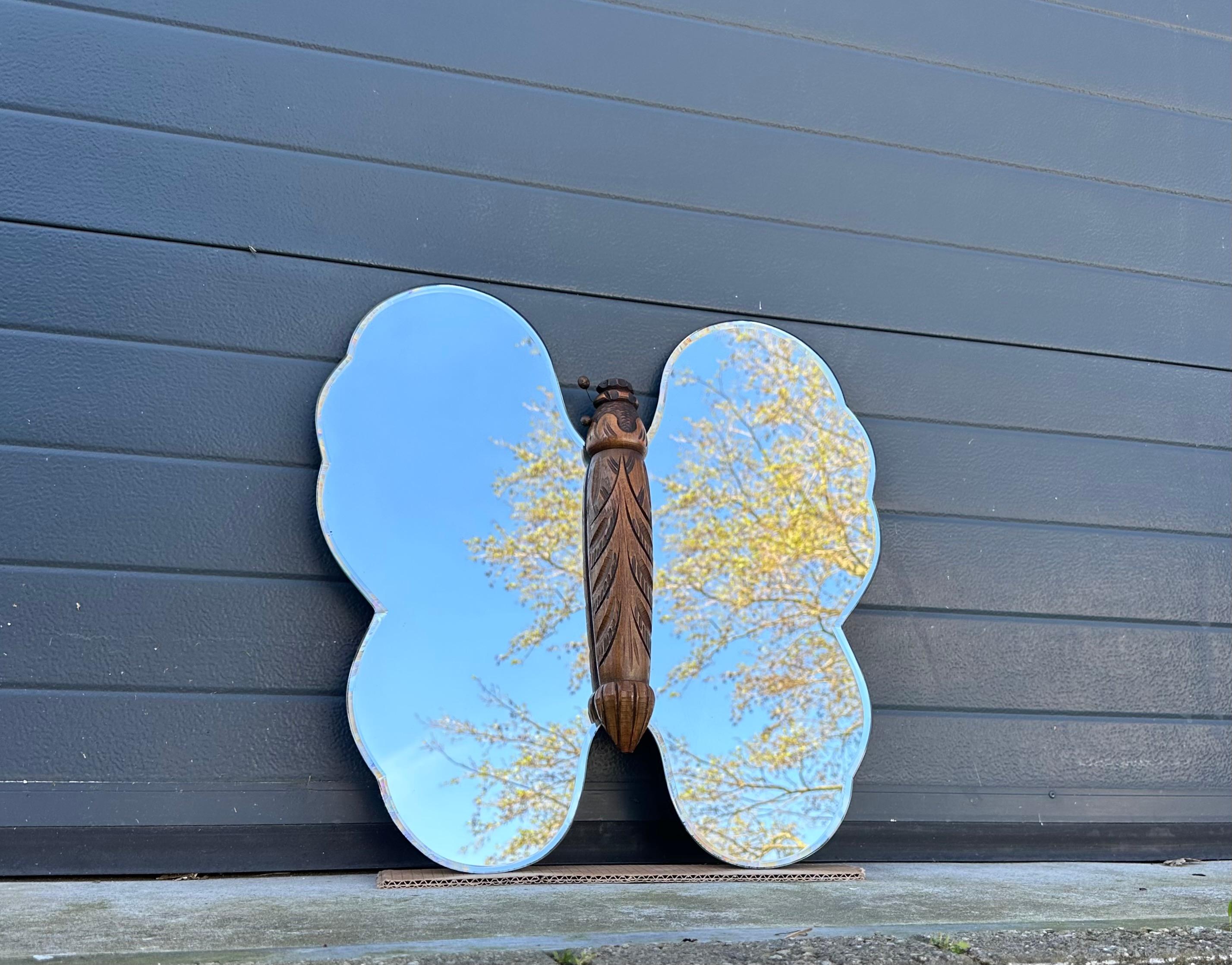 Rare Midcentury Made, Butterfly Design Beech Wood and Beveled Glass Wall Mirror For Sale 10