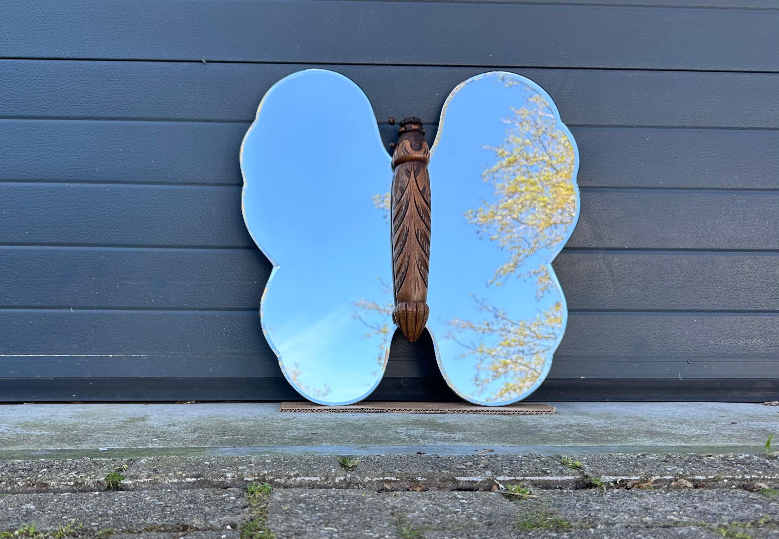 Rare Midcentury Made, Butterfly Design Beech Wood and Beveled Glass Wall Mirror For Sale 11