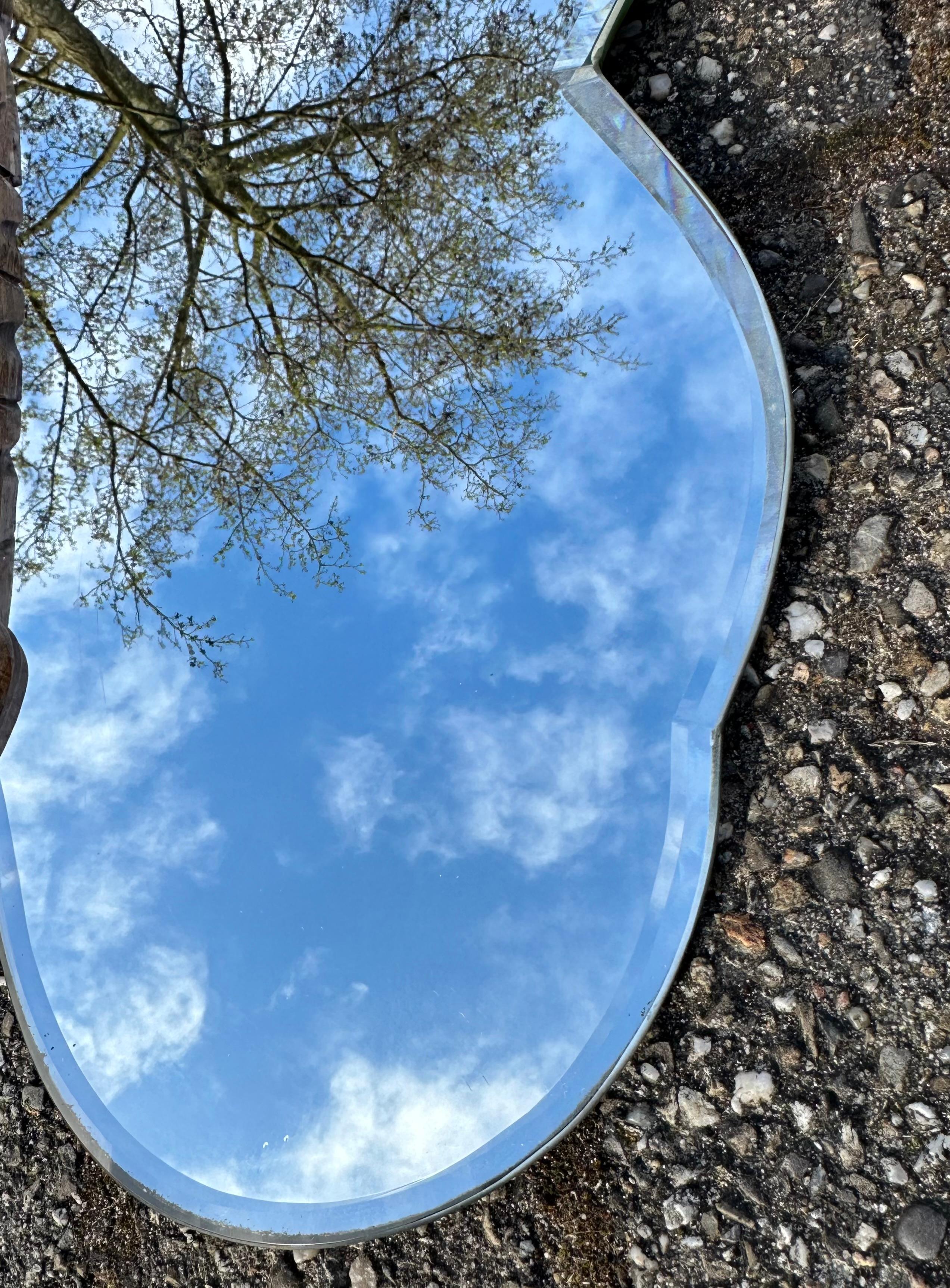 20th Century Rare Midcentury Made, Butterfly Design Beech Wood and Beveled Glass Wall Mirror For Sale