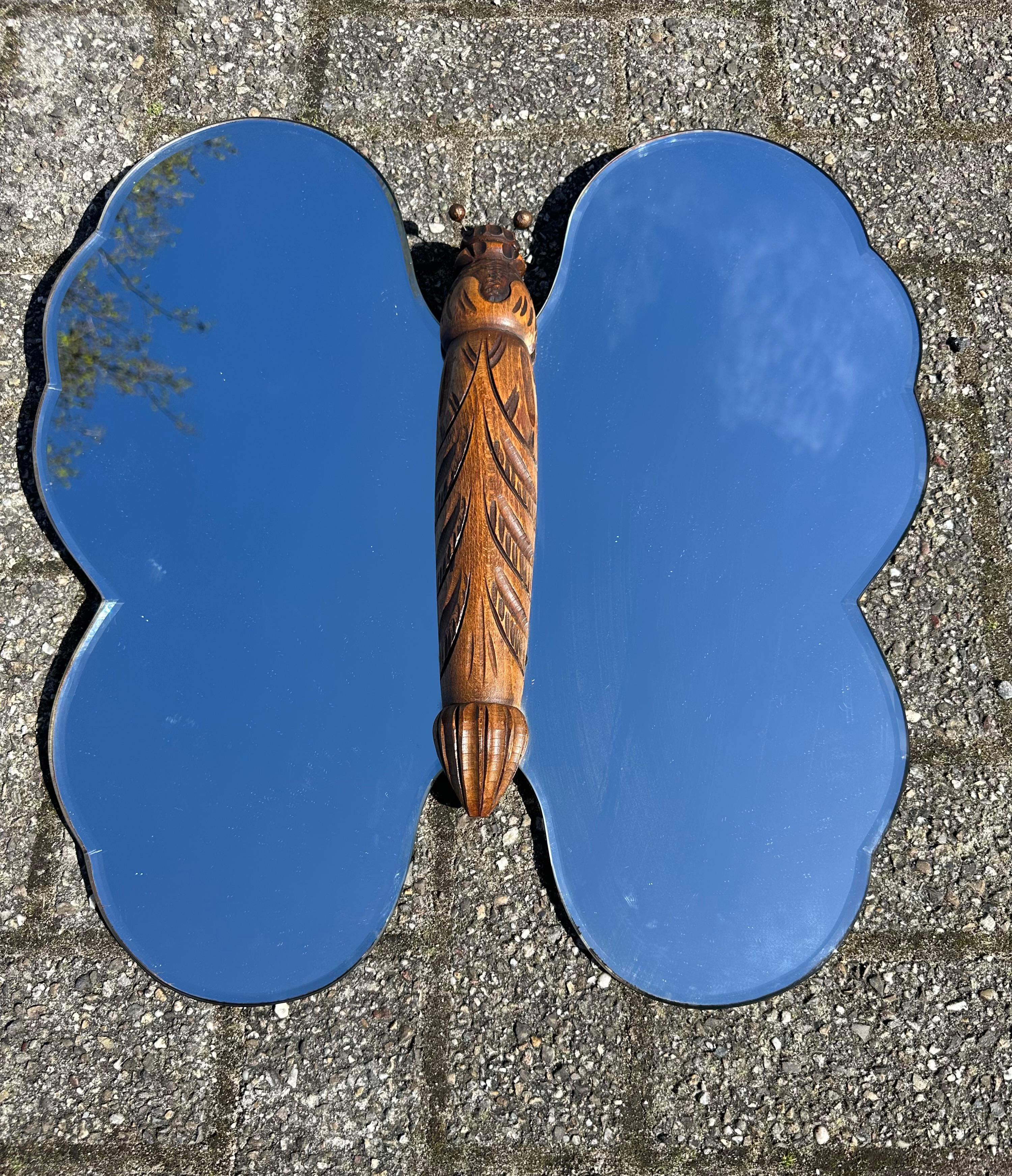 Rare Midcentury Made, Butterfly Design Beech Wood and Beveled Glass Wall Mirror For Sale 1