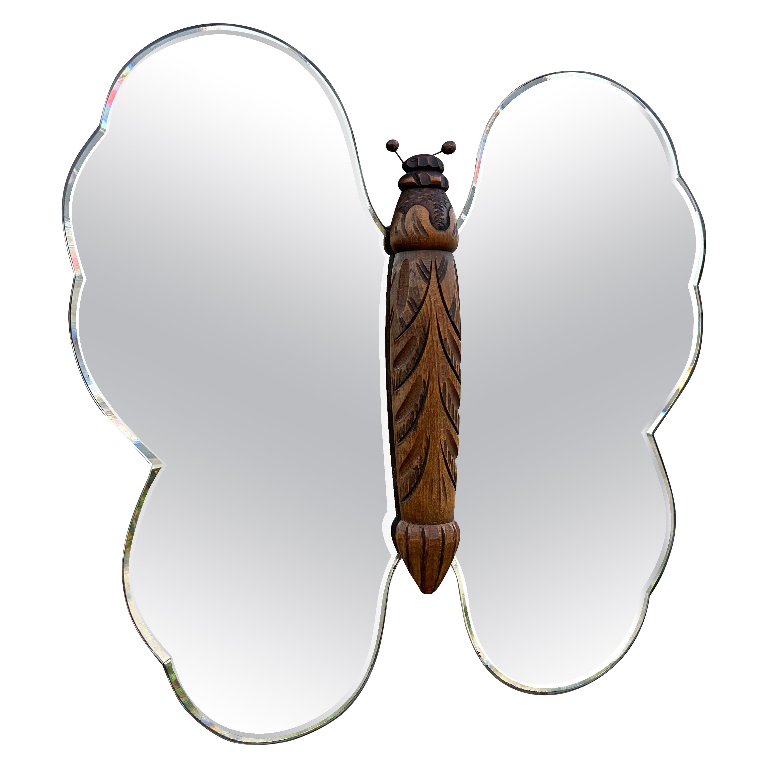 Seltene Midcentury Made, Schmetterling Design Buche Holz und abgeschrägte Glas Wandspiegel