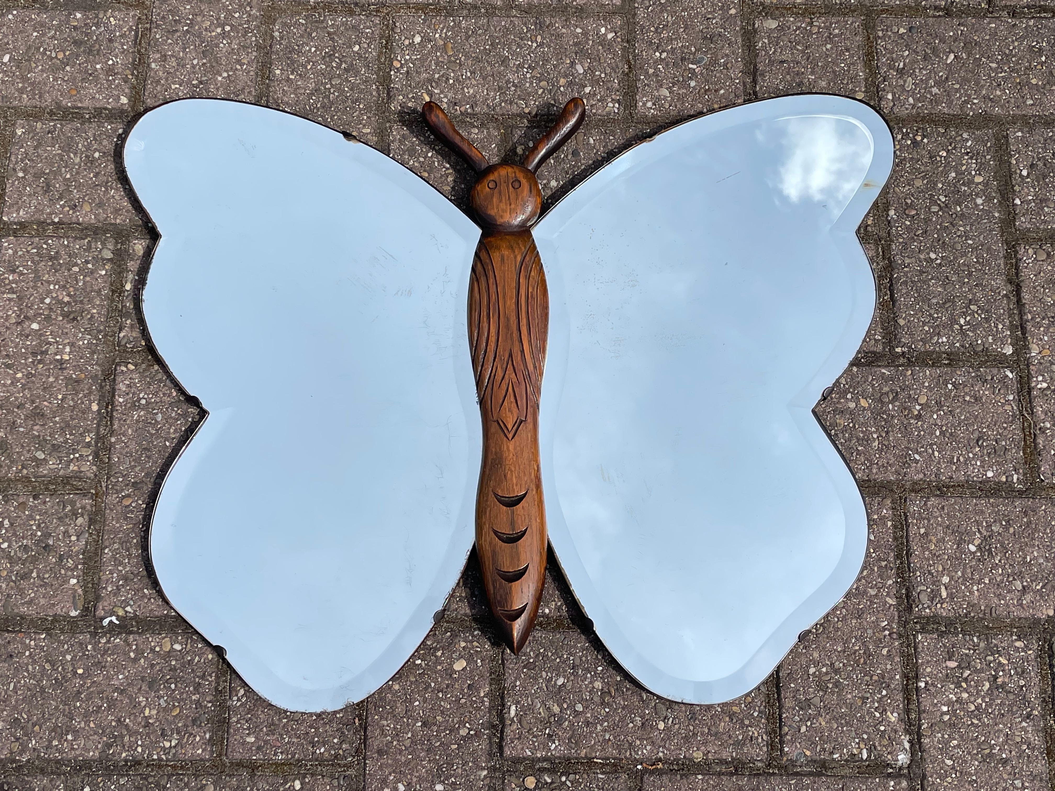 Rare Midcentury Made, Butterfly Design Oak Wood and Beveled Glass Wall Mirror 1