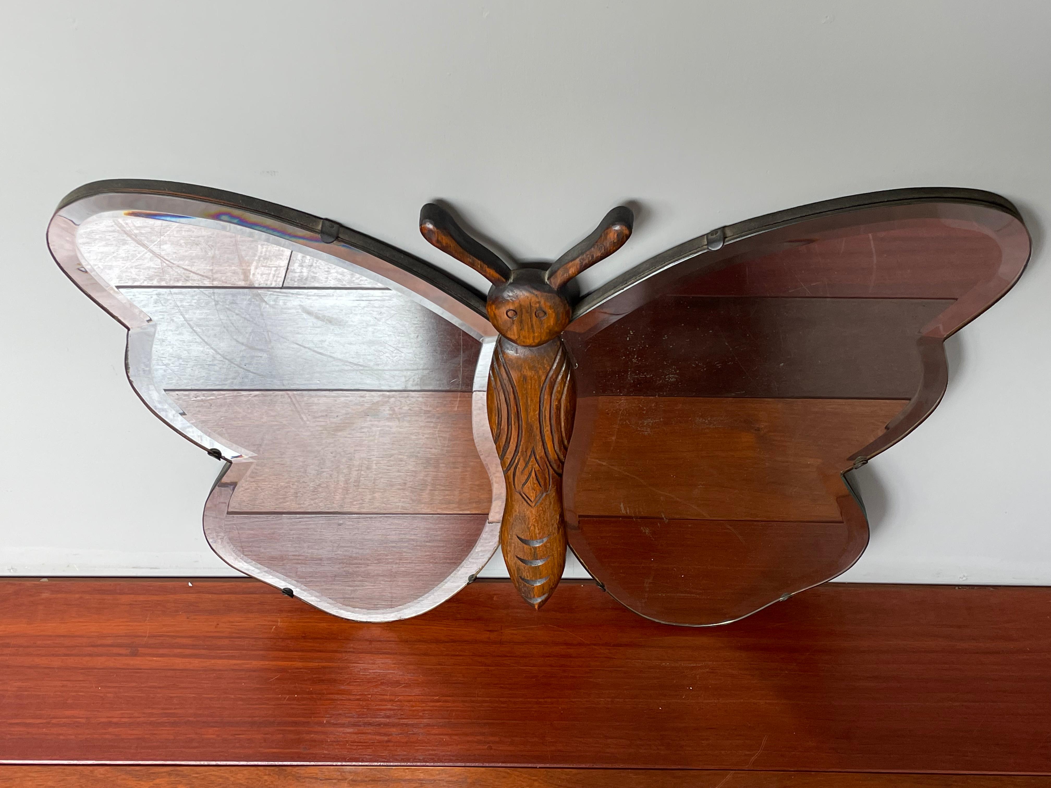 Rare Midcentury Made, Butterfly Design Oak Wood and Beveled Glass Wall Mirror 4