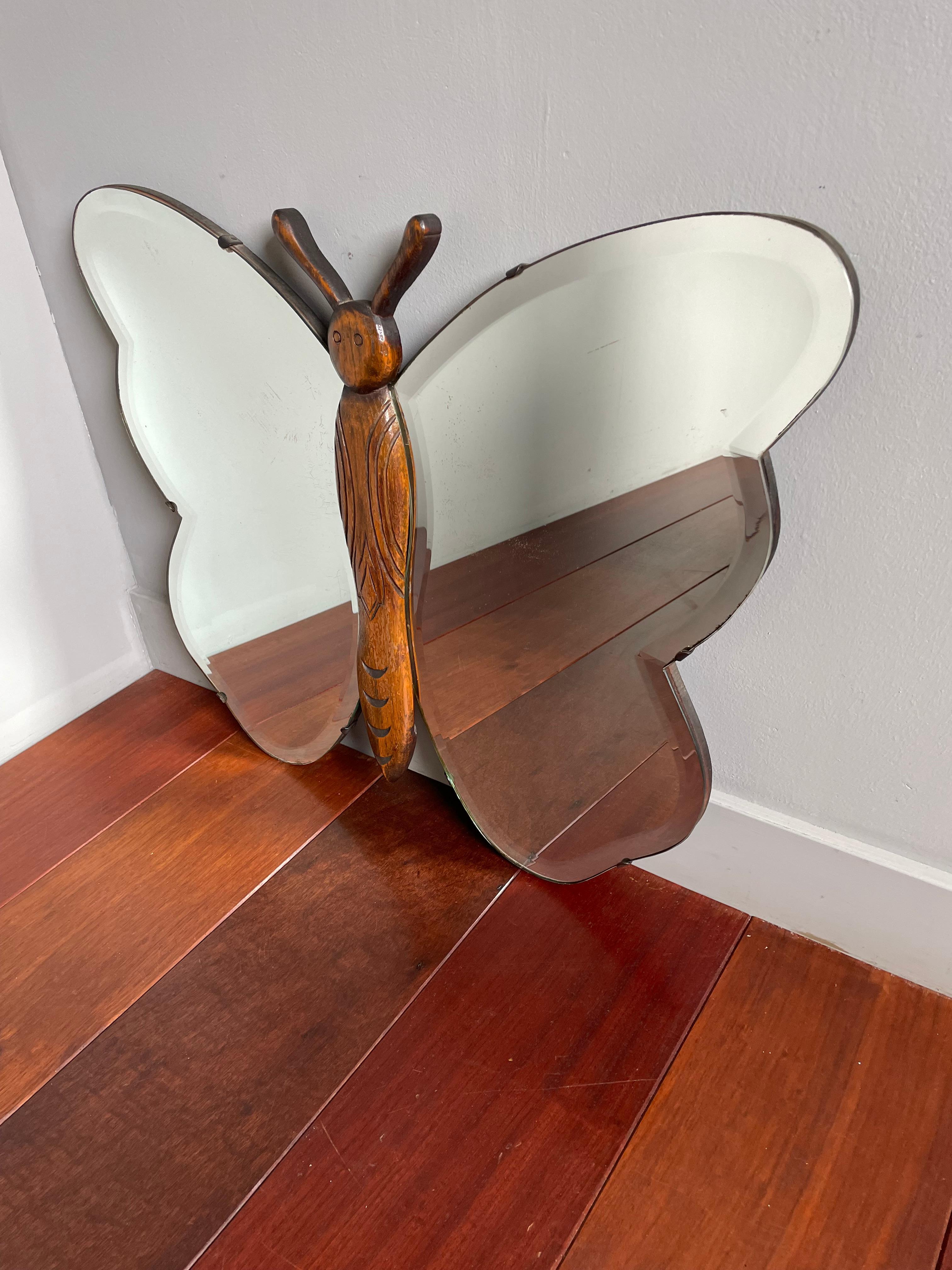 Metal Rare Midcentury Made, Butterfly Design Oak Wood and Beveled Glass Wall Mirror