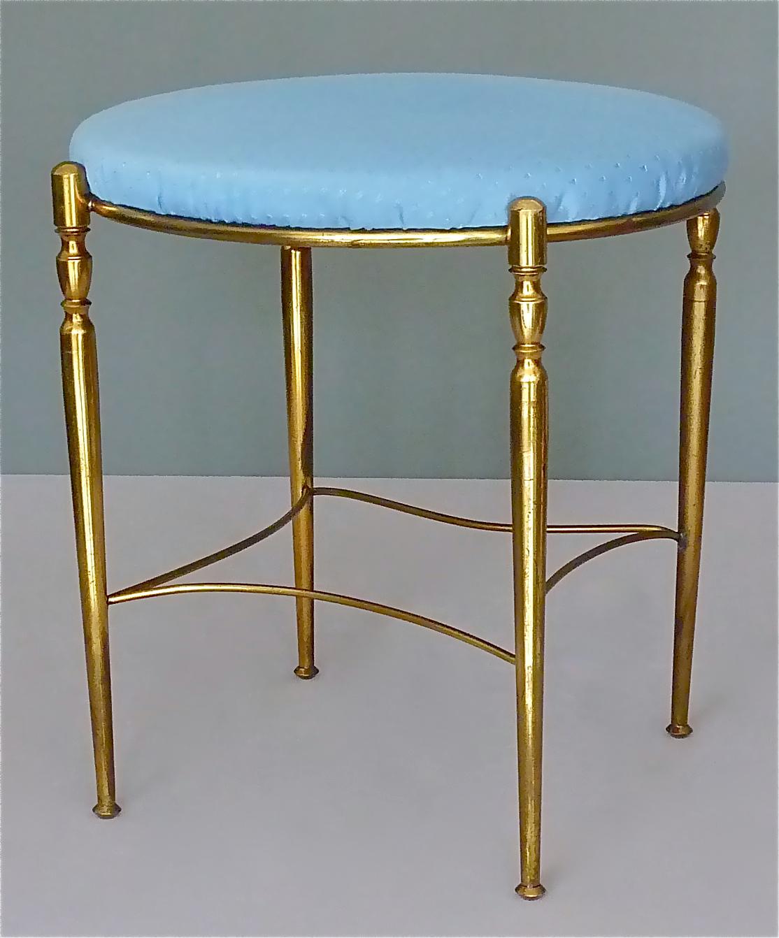 Elegant and rare french midcentury four-leg patinated brass stool or side chair by Maison Jansen, France around 1950s to 1960s. The neoclassical midcentury stool with blue fabric upholstery, comparable to Maison Bagues stays in very good original