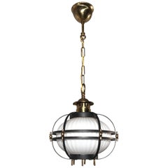 Rare Midcentury Modern Brass, Metal Cage & Glass Shade Design Pendant Light