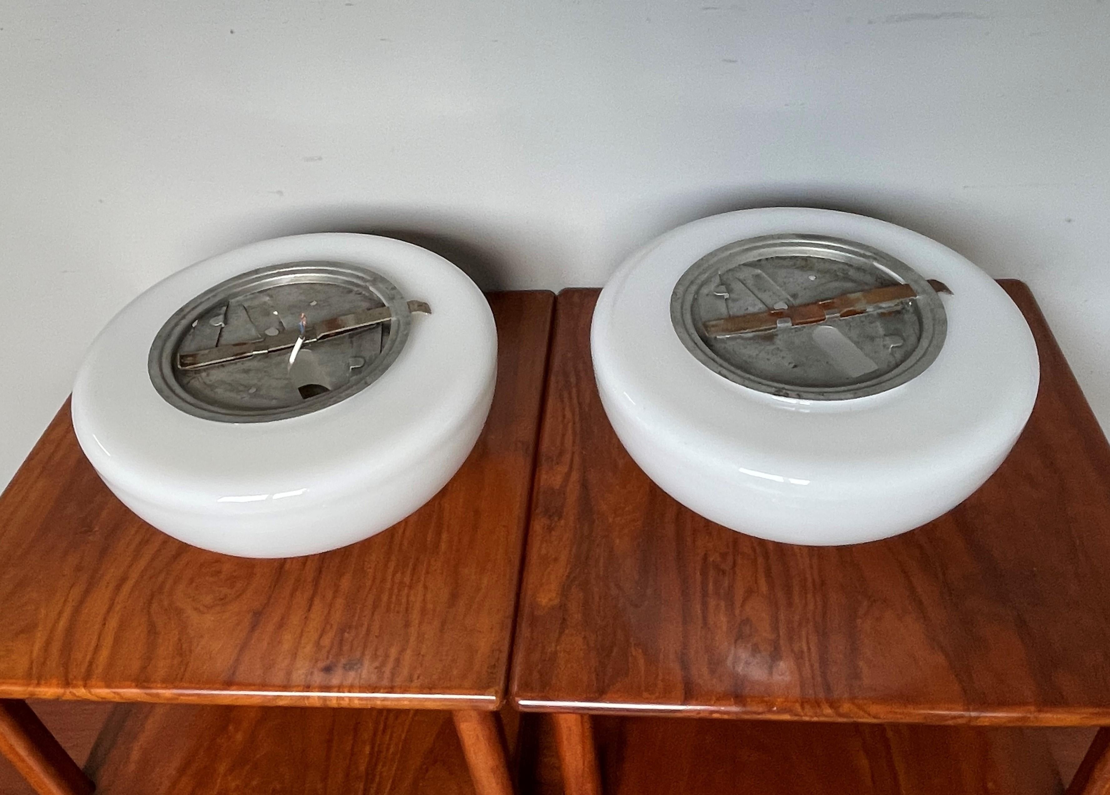 Hand-Crafted Rare Midcentury Modern Design Pair of Pure White Opaline Glass Flush Mounts