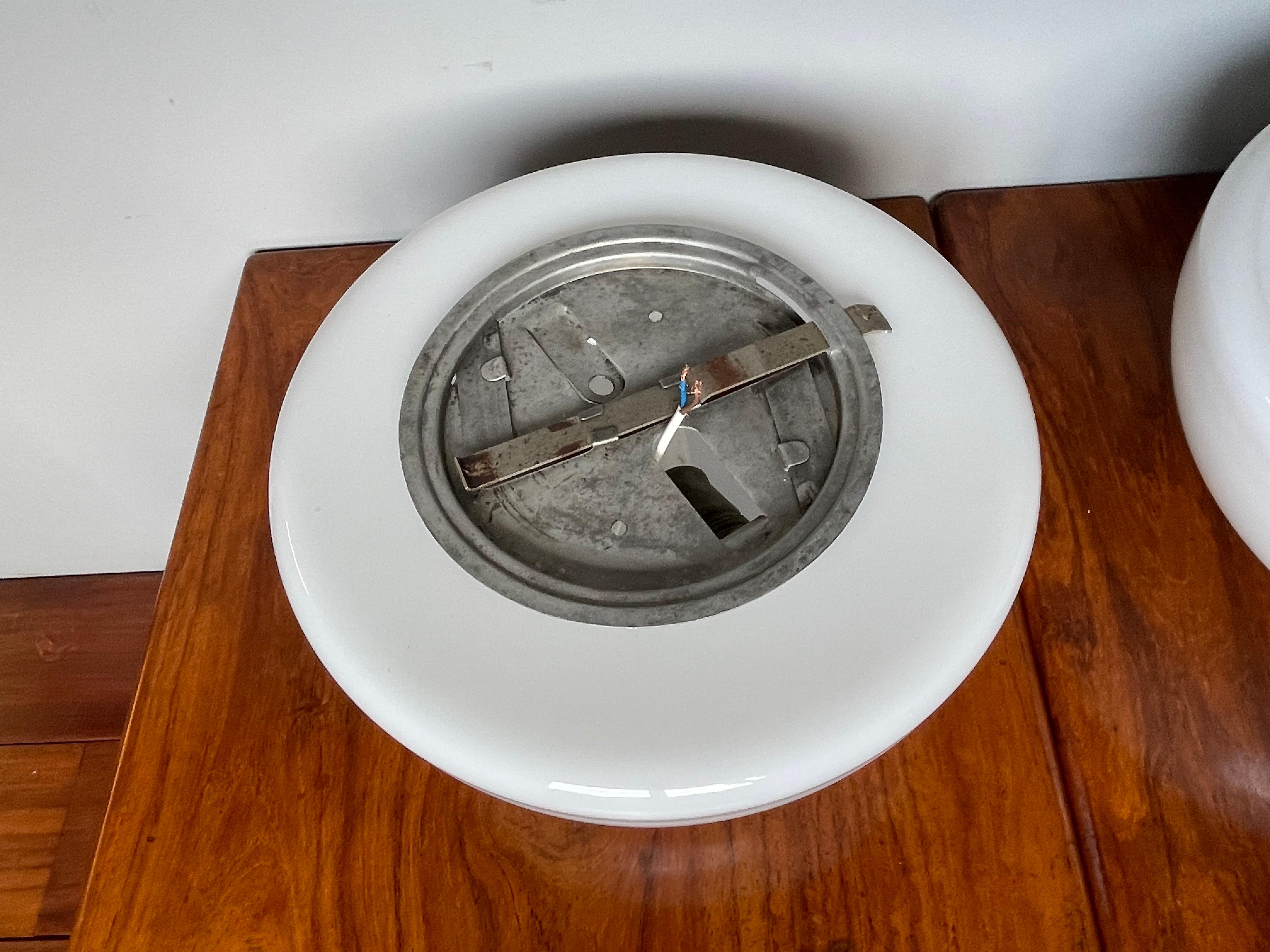 Rare Midcentury Modern Design Pair of Pure White Opaline Glass Flush Mounts In Good Condition In Lisse, NL