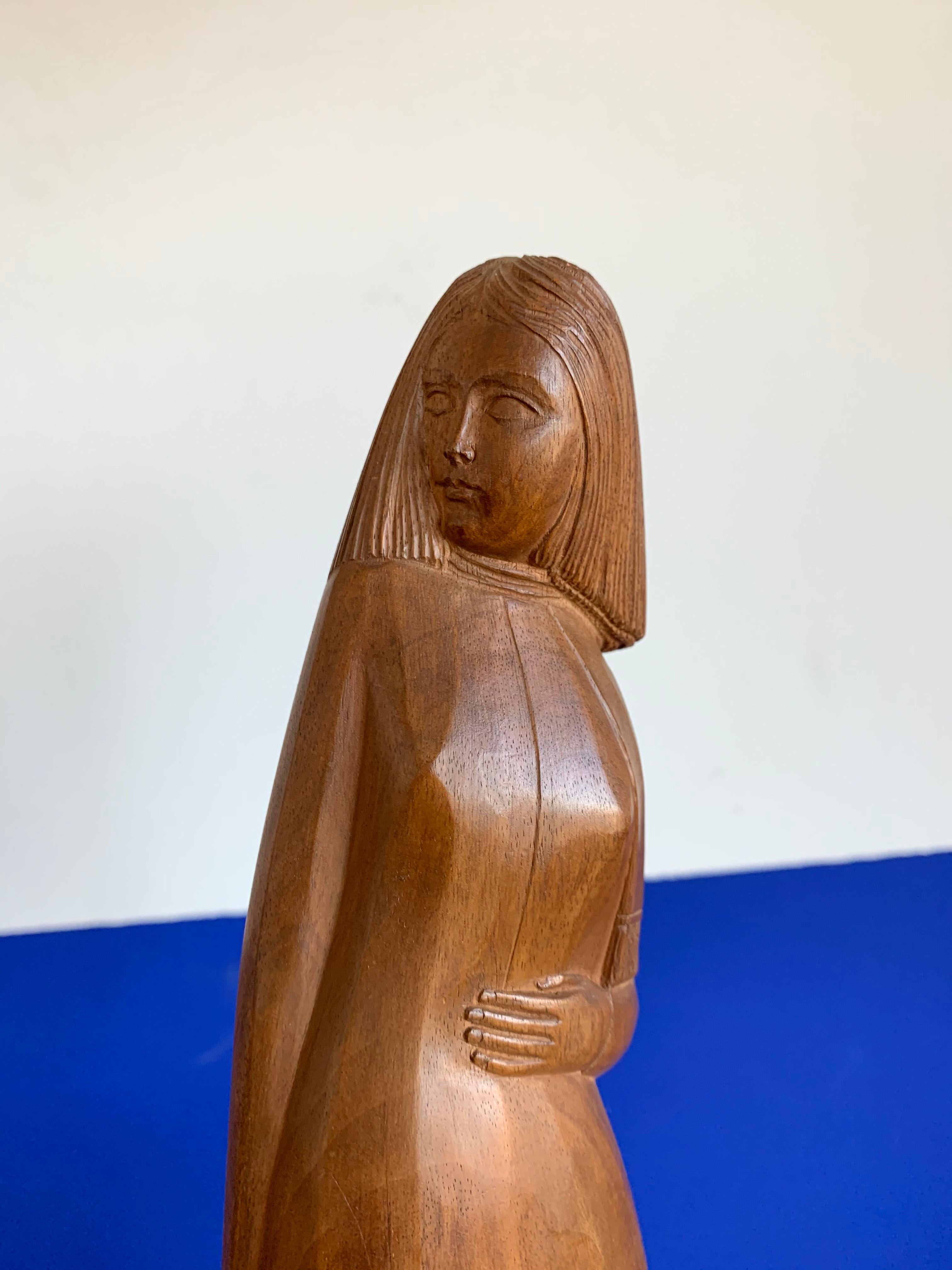 Hand-Carved Rare Midcentury Modern High Fashion Lady Model / Hand Carved Teak Wood Sculpture For Sale