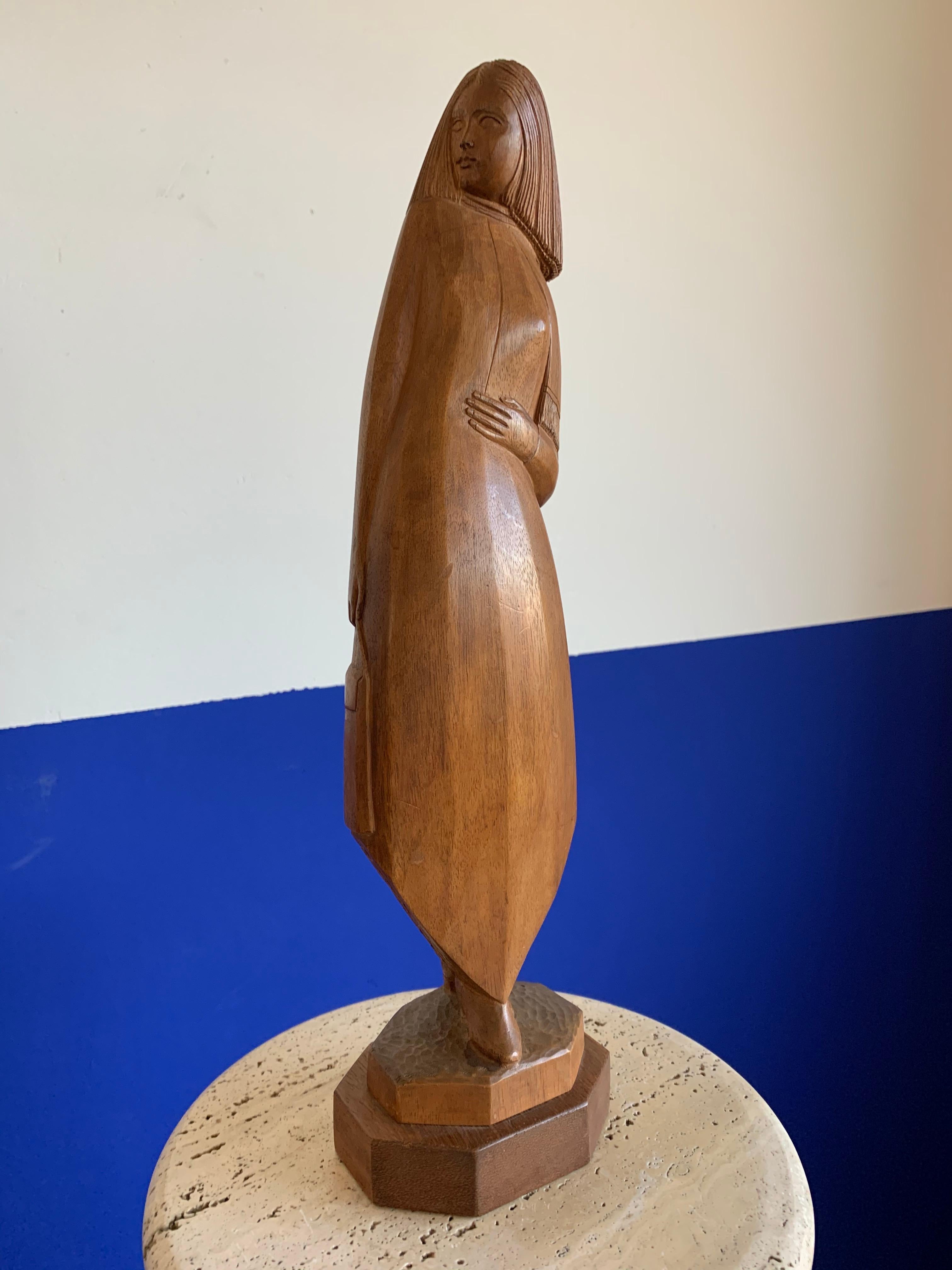 Rare Midcentury Modern High Fashion Lady Model / Hand Carved Teak Wood Sculpture For Sale 1