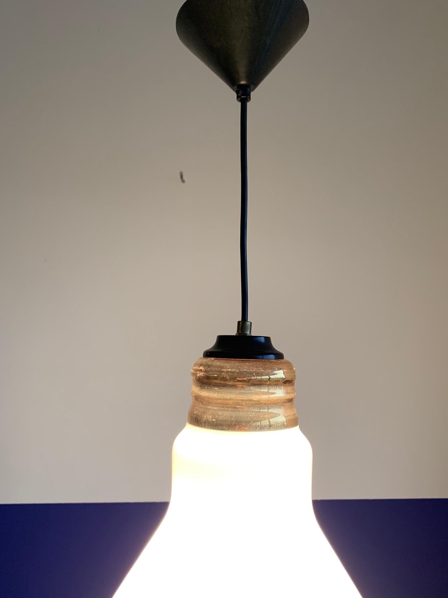 Rare Mid-Century Modern Opaline Glass Ingo Maurer Style Light Bulb Shape Pendant For Sale 2