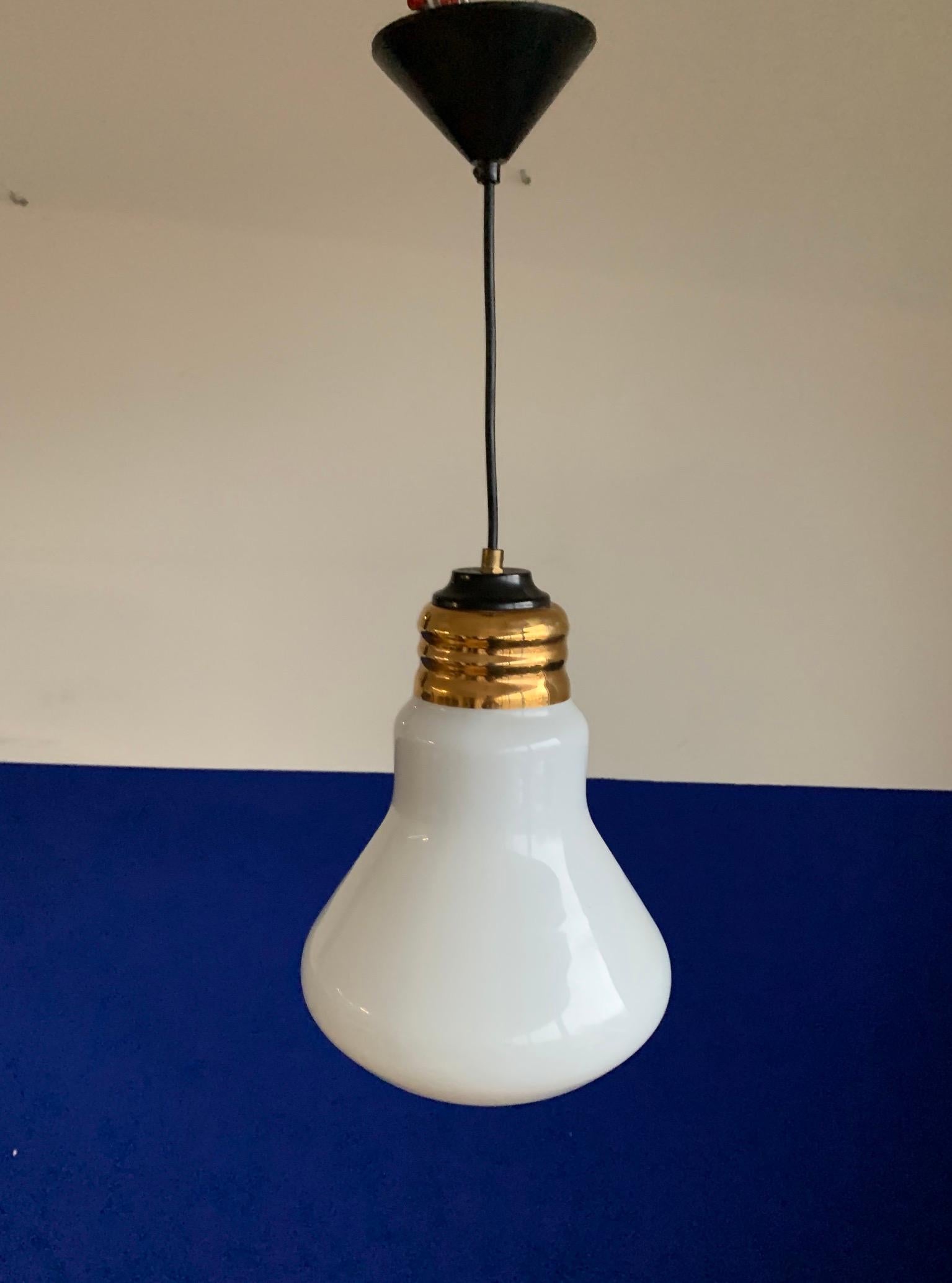 Rare Mid-Century Modern Opaline Glass Ingo Maurer Style Light Bulb Shape Pendant For Sale 4