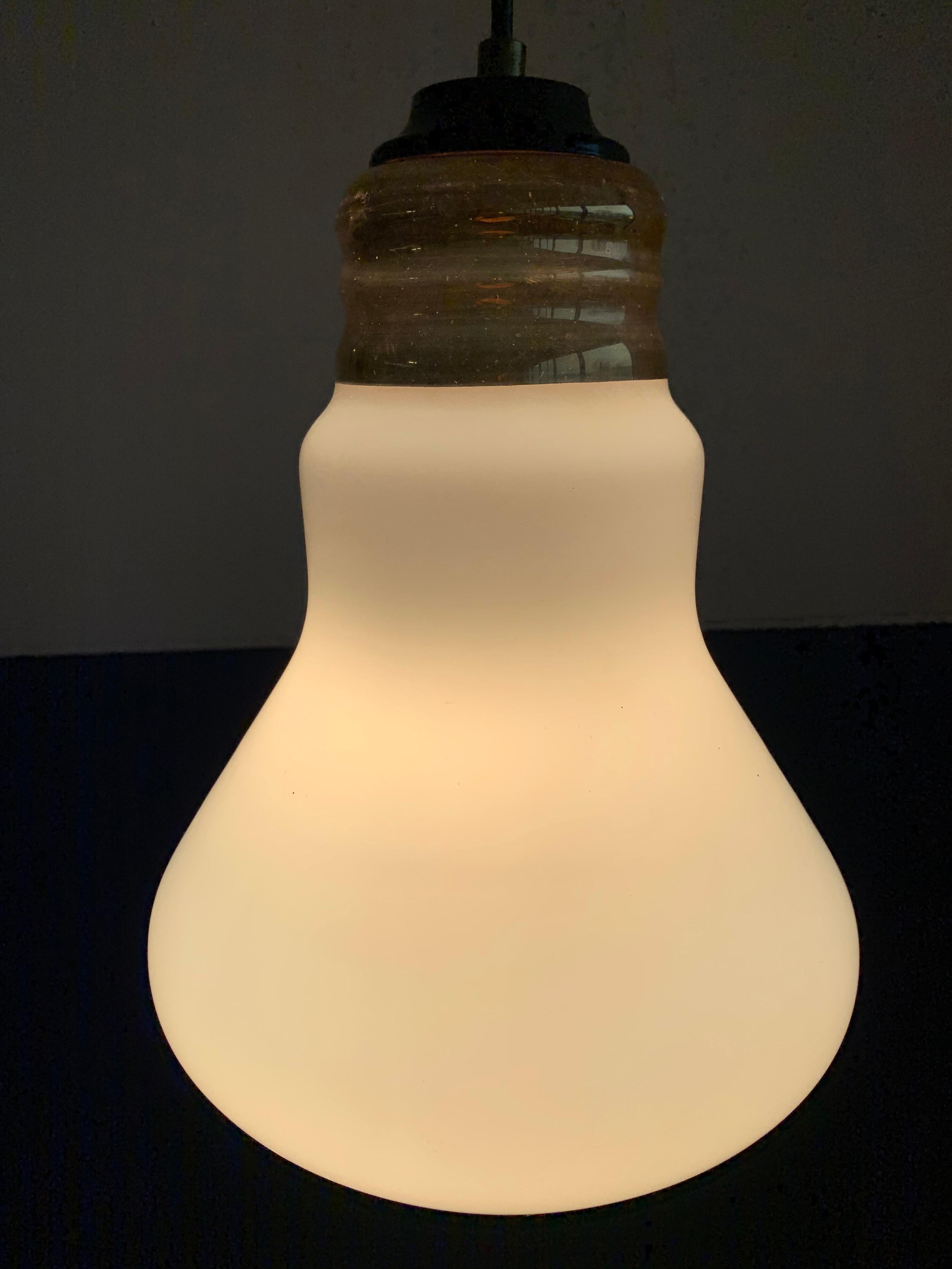 Rare Mid-Century Modern Opaline Glass Ingo Maurer Style Light Bulb Shape Pendant For Sale 6