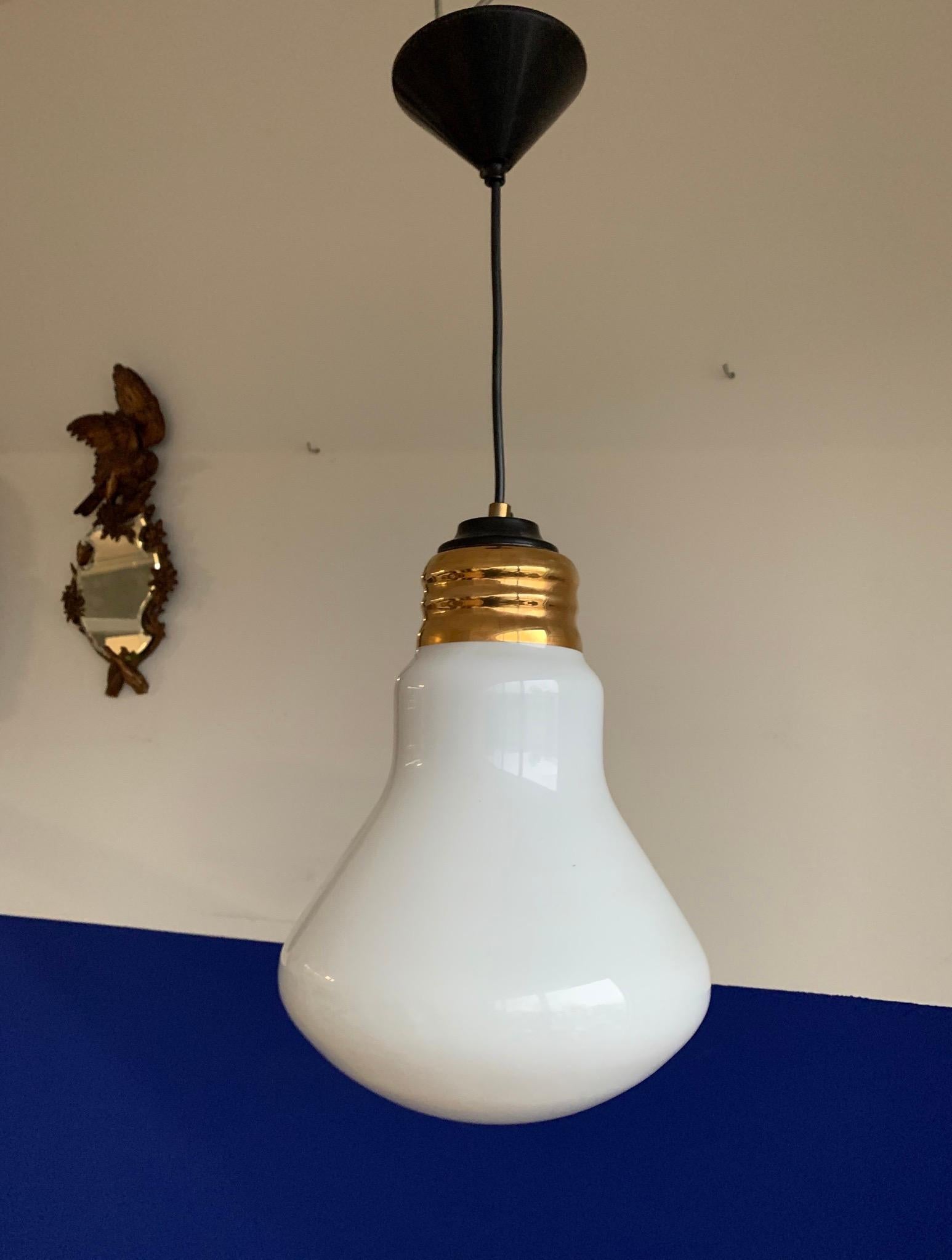 Rare Mid-Century Modern Opaline Glass Ingo Maurer Style Light Bulb Shape Pendant For Sale 7