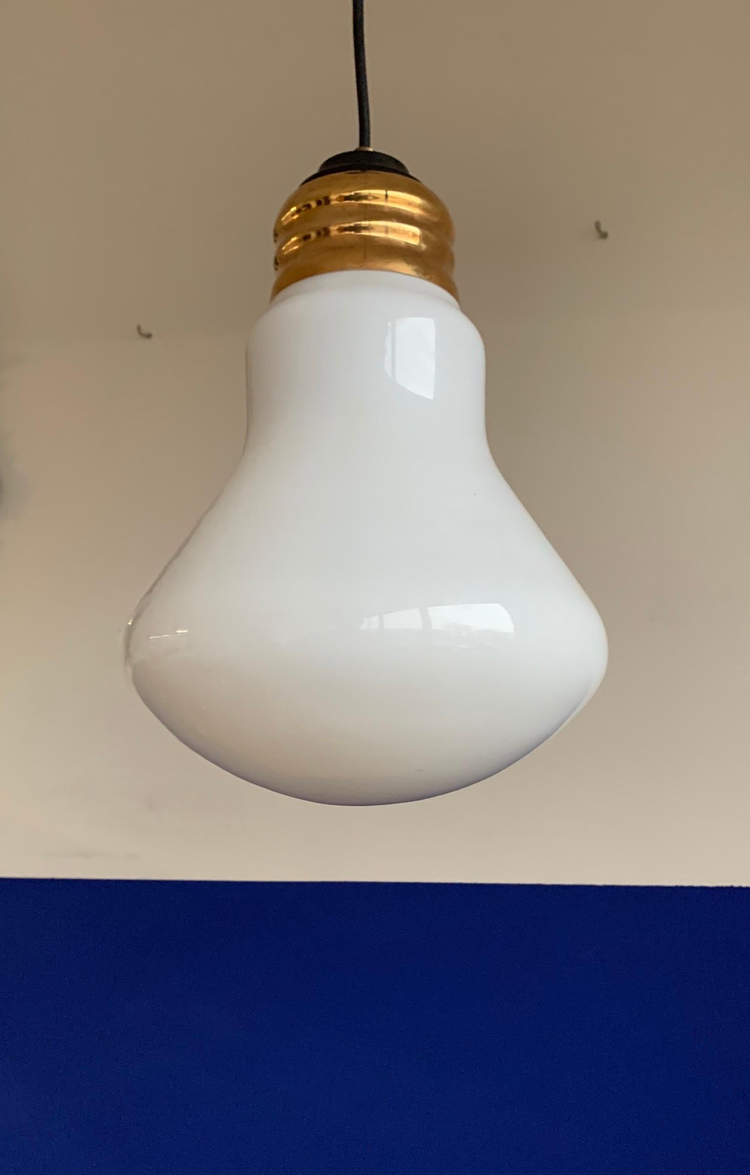 Rare Mid-Century Modern Opaline Glass Ingo Maurer Style Light Bulb Shape Pendant For Sale 10