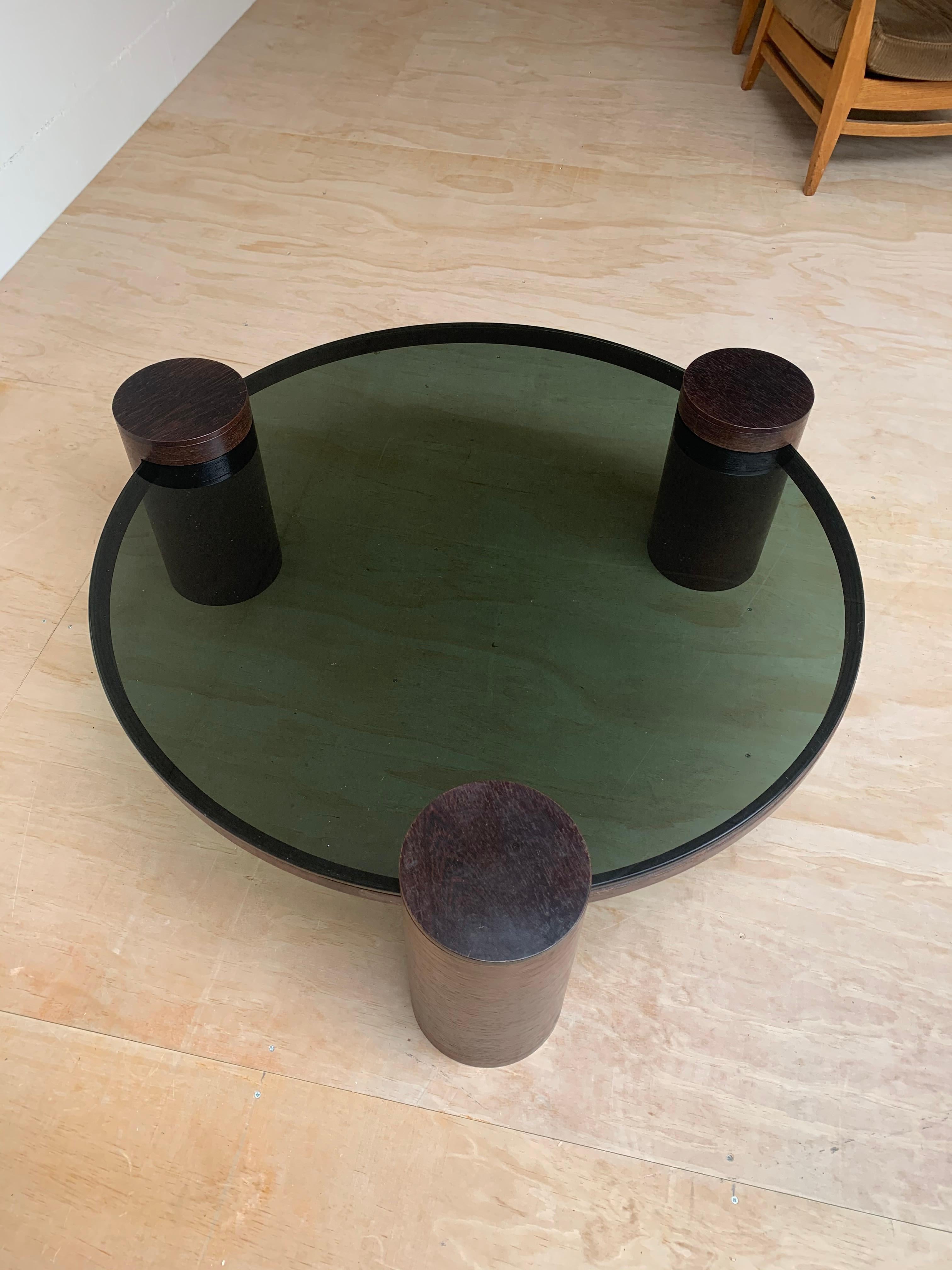 Unique Midcentury Modern Smoked Green Glass Coffee Table w Three Wooden Columns For Sale 2