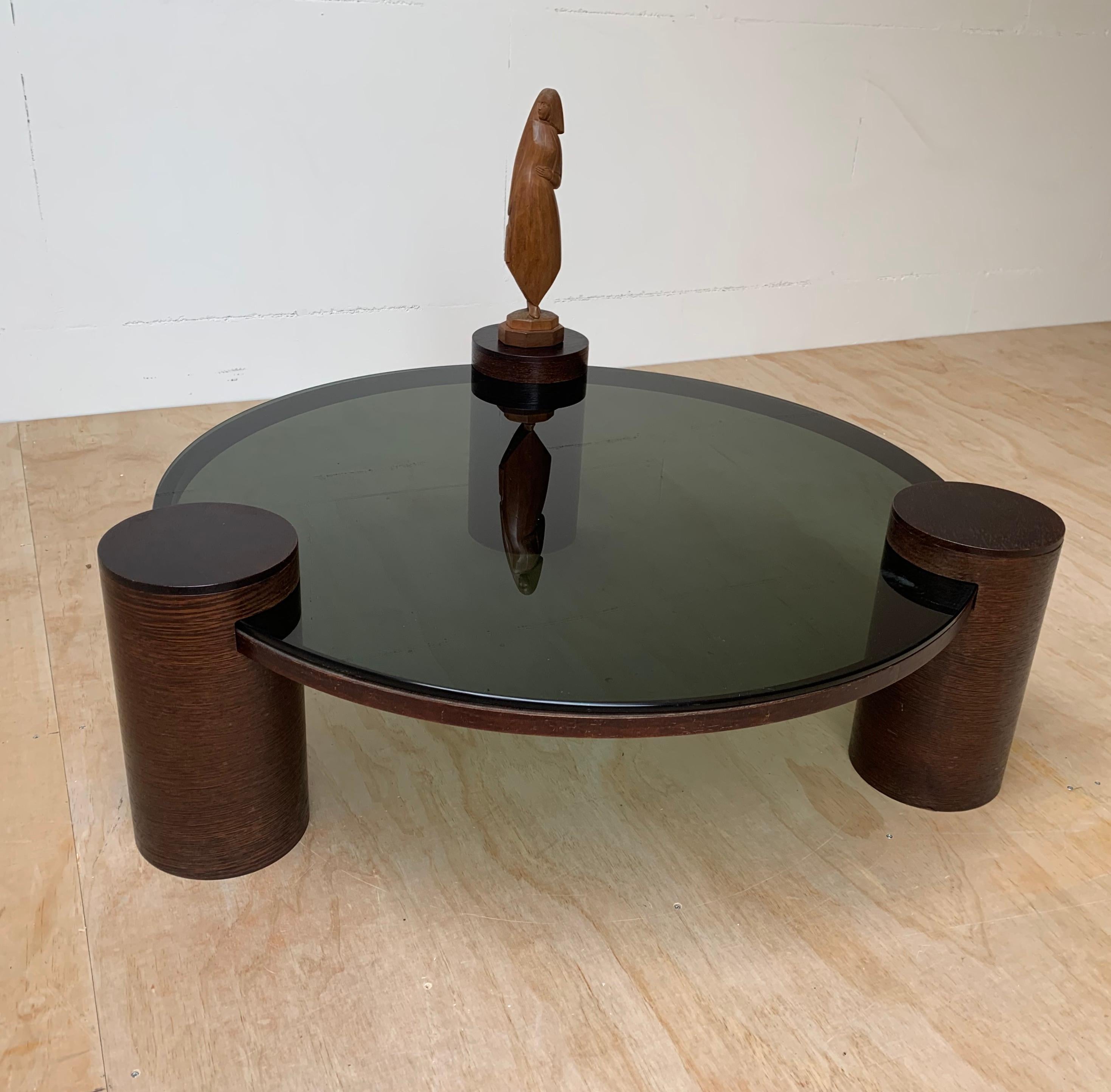 Unique Midcentury Modern Smoked Green Glass Coffee Table w Three Wooden Columns For Sale 4