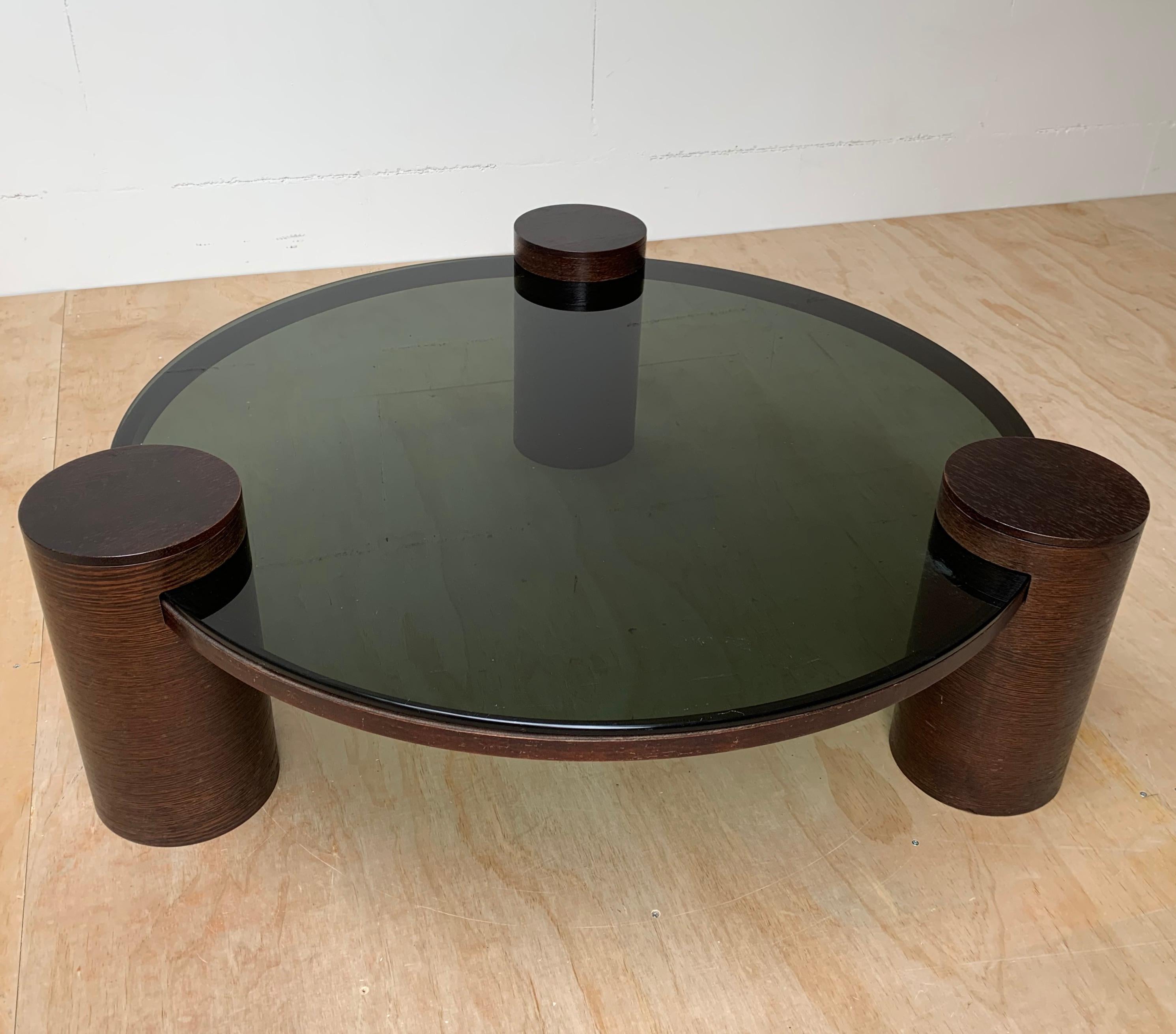 Unique Midcentury Modern Smoked Green Glass Coffee Table w Three Wooden Columns For Sale 6