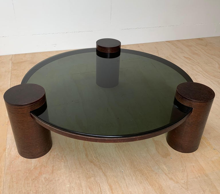 Stylish Midcentury Modern Smoked Green Glass Coffee Table w Three